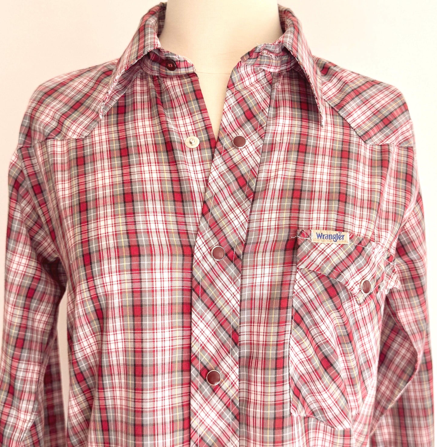 Vintage Wrangler Western Snap Shirt 70s Red White Plaid Made in USA
