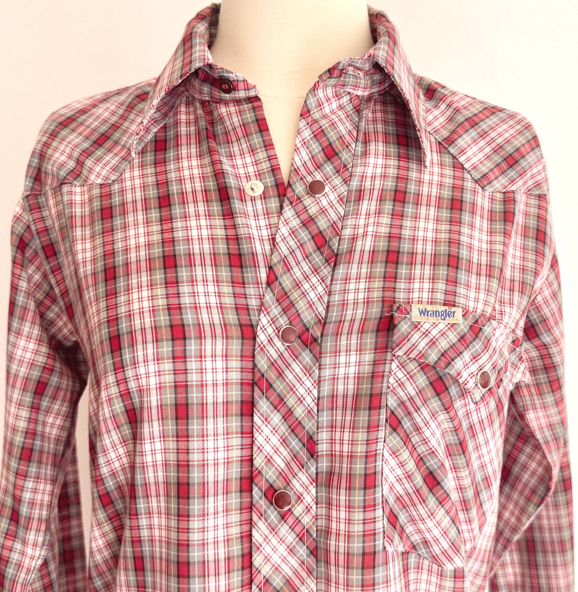 Vintage Wrangler Western Snap Shirt 70s Red White Plaid Made in USA