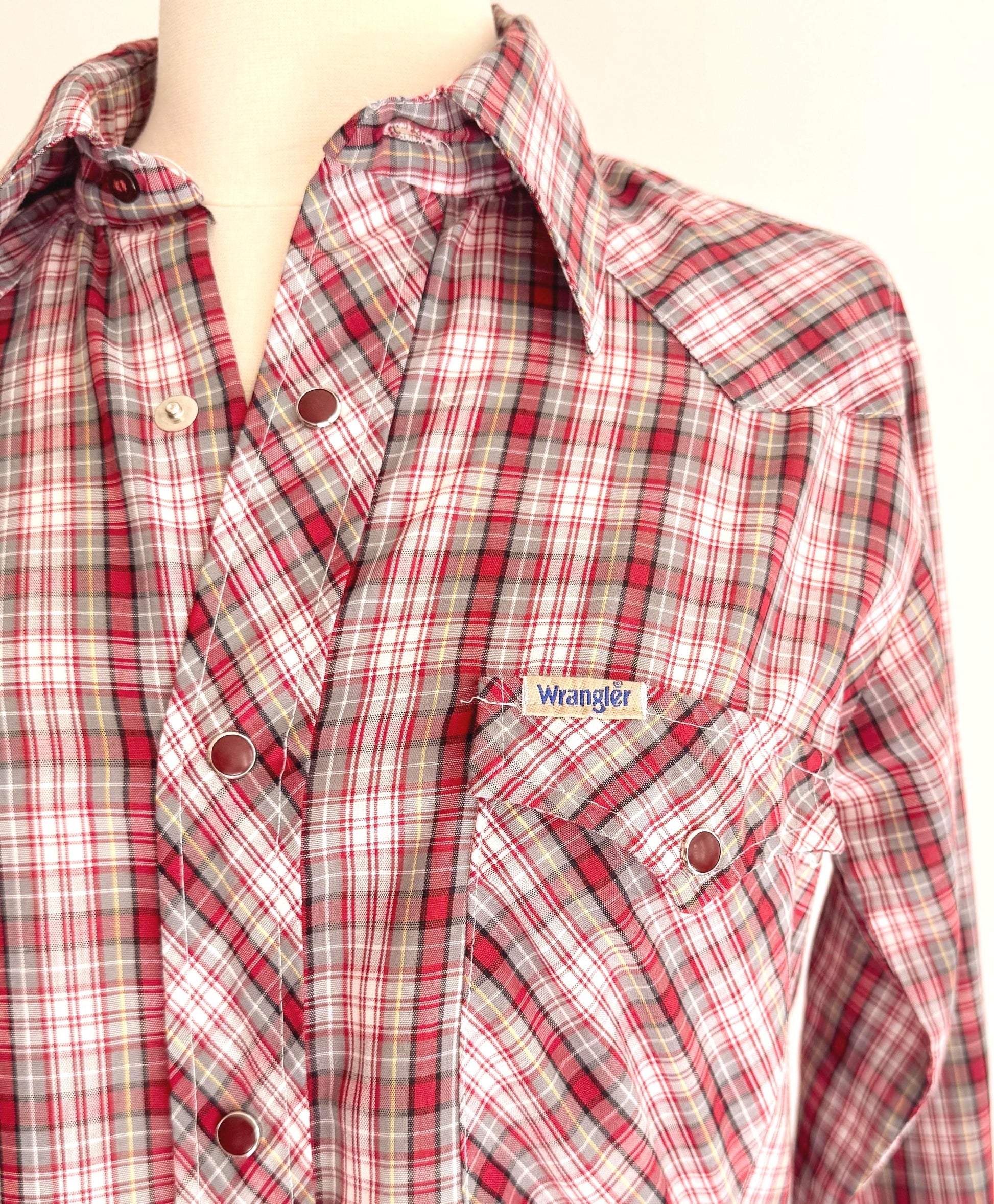 Vintage Wrangler Western Snap Shirt 70s Red White Plaid Made in USA