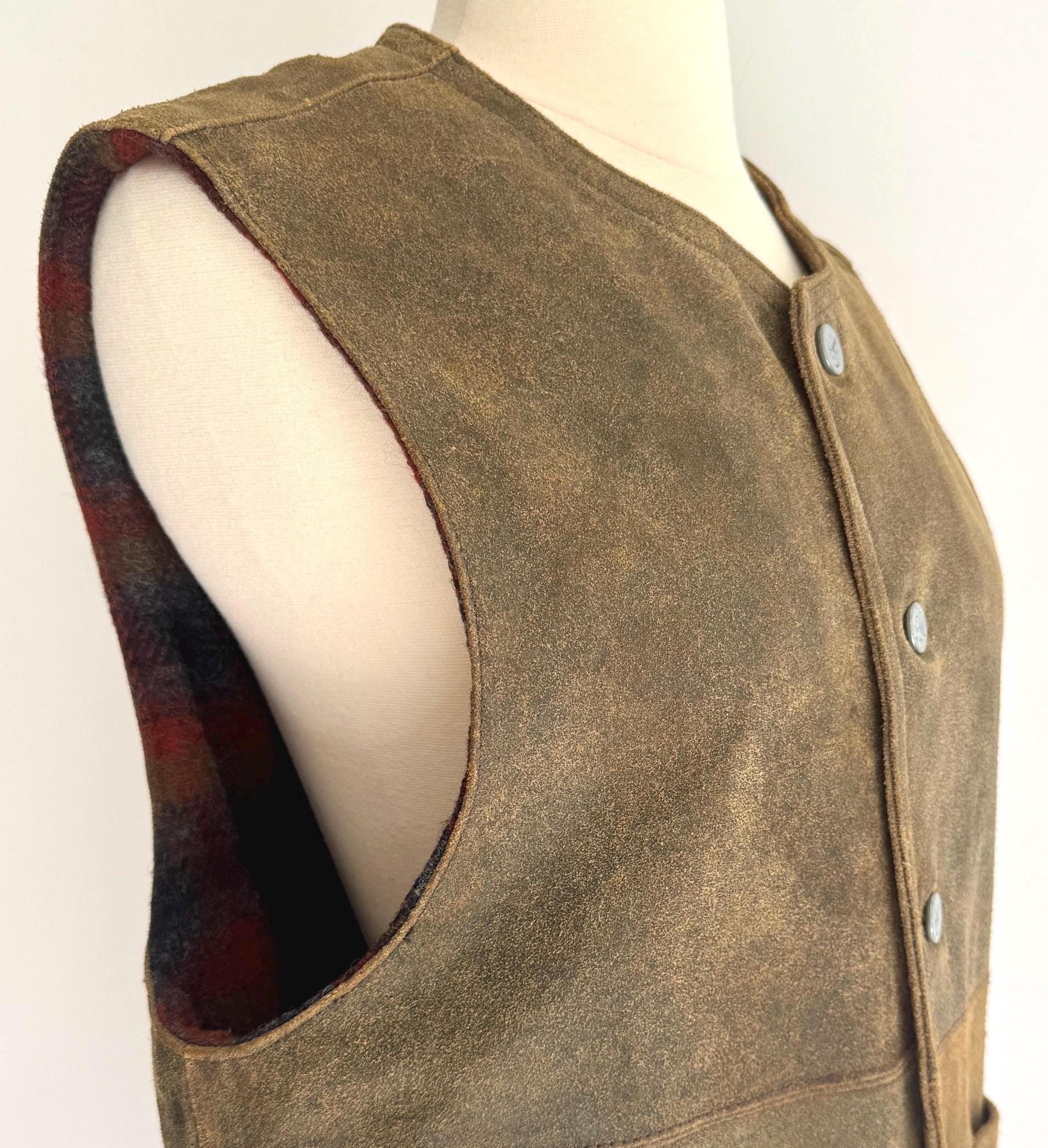 90s CK Leather Vest Vintage Calvin Klein Jeans Rugged Weathered Olive Brown Made in Korea Plaid Wool Lining Embossed Logo Buttons
