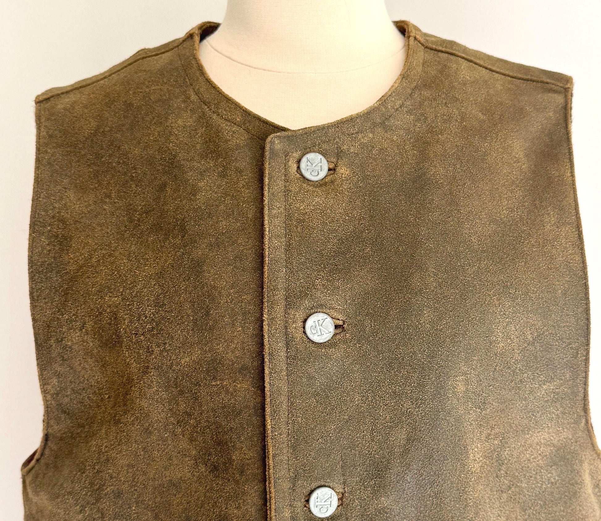 90s CK Leather Vest Vintage Calvin Klein Jeans Rugged Weathered Olive Brown Made in Korea Plaid Wool Lining Embossed Logo Buttons