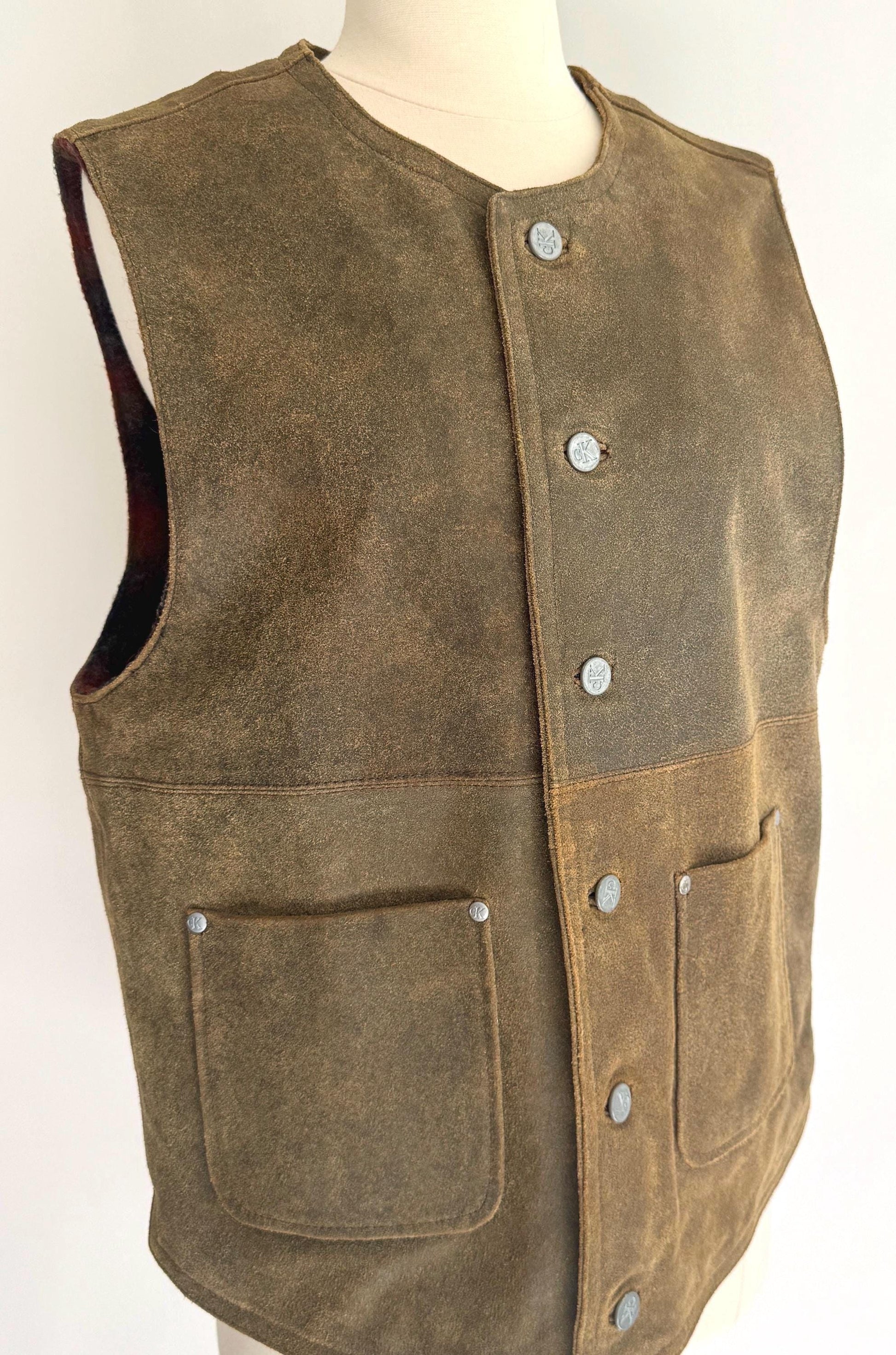 90s CK Leather Vest Vintage Calvin Klein Jeans Rugged Weathered Olive Brown Made in Korea Plaid Wool Lining Embossed Logo Buttons
