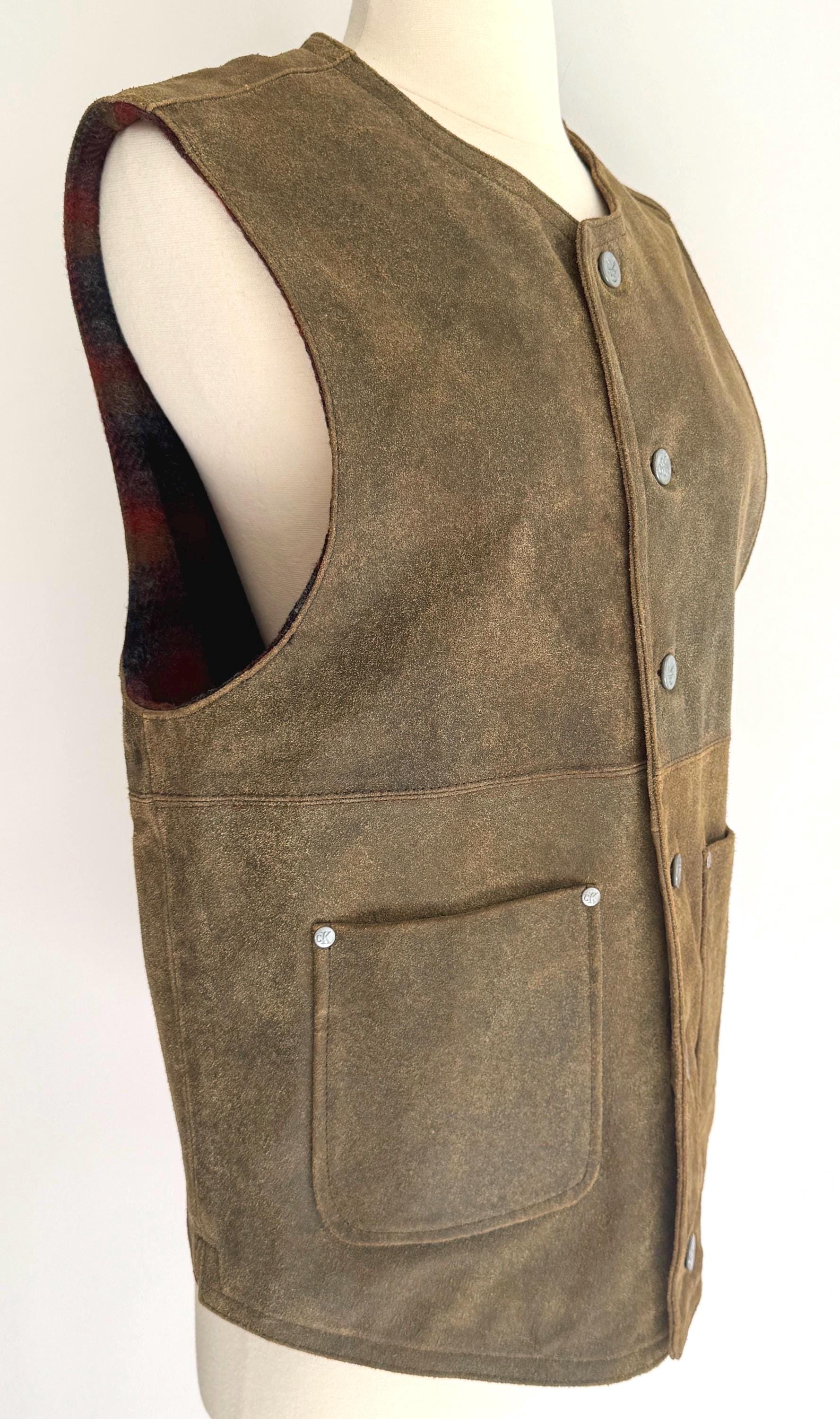 90s CK Leather Vest Vintage Calvin Klein Jeans Rugged Weathered Olive Brown Made in Korea Plaid Wool Lining Embossed Logo Buttons