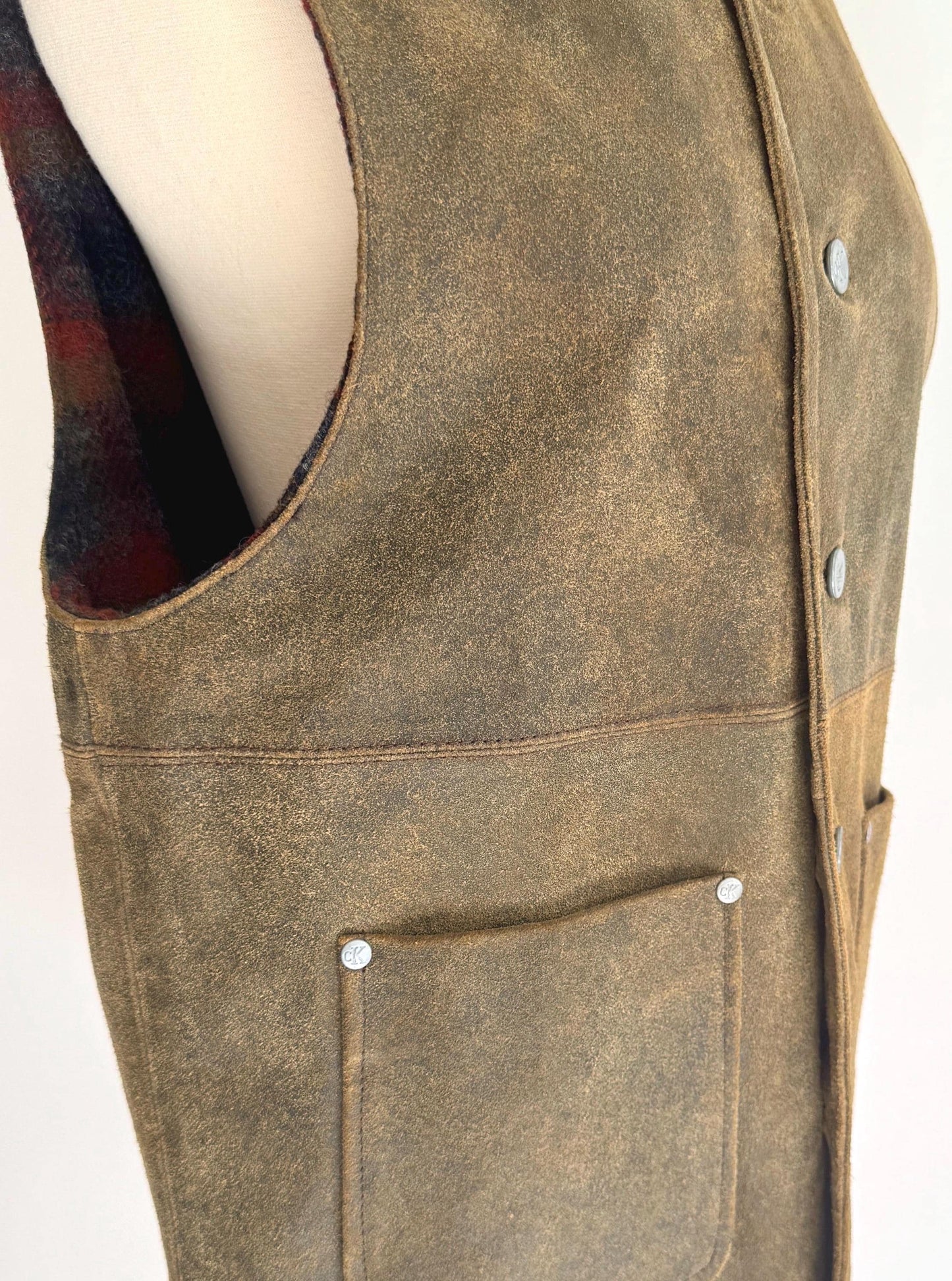 90s CK Leather Vest Vintage Calvin Klein Jeans Rugged Weathered Olive Brown Made in Korea Plaid Wool Lining Embossed Logo Buttons