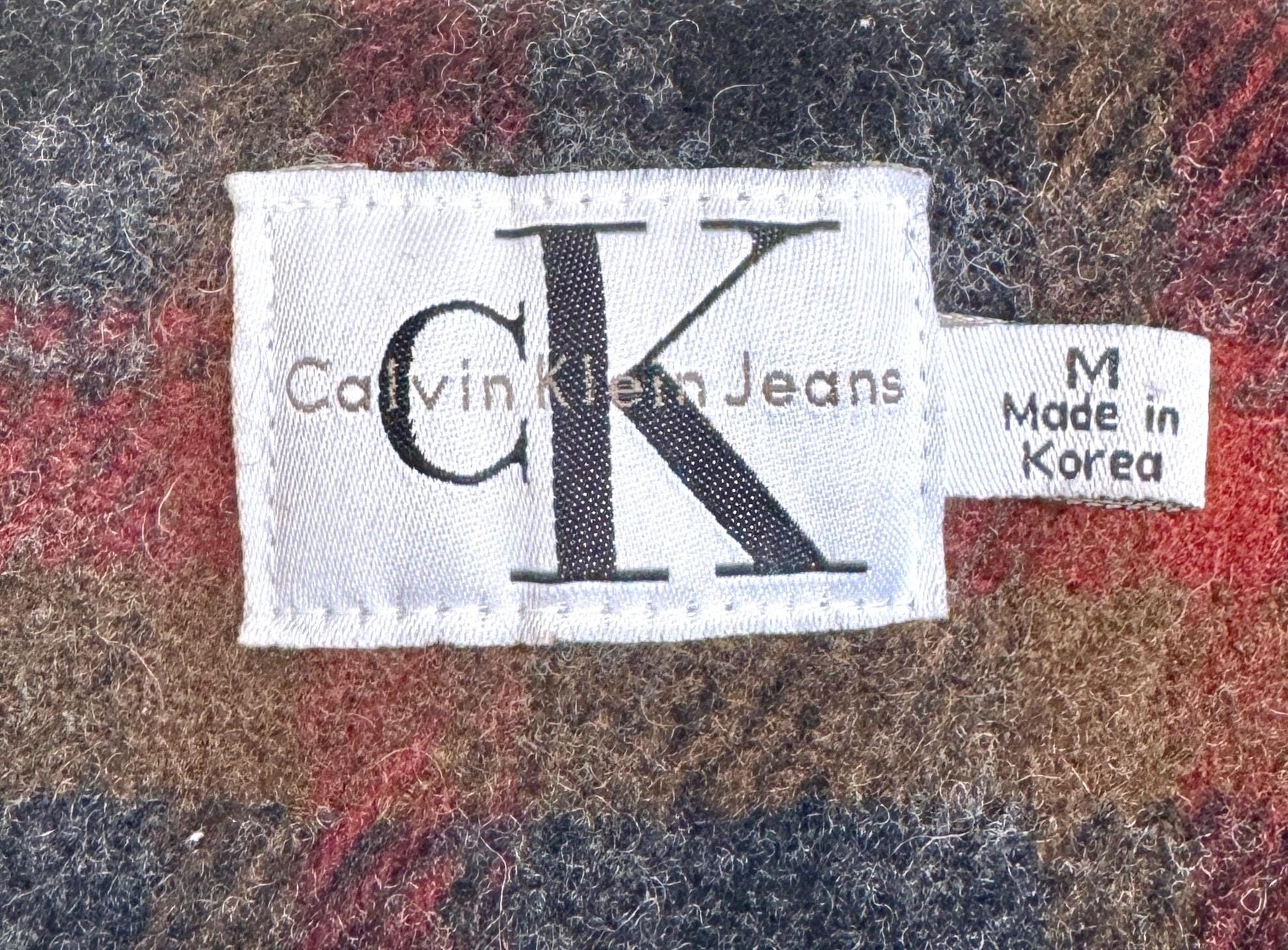 90s CK Leather Vest Vintage Calvin Klein Jeans Rugged Weathered Olive Brown Made in Korea Plaid Wool Lining Embossed Logo Buttons