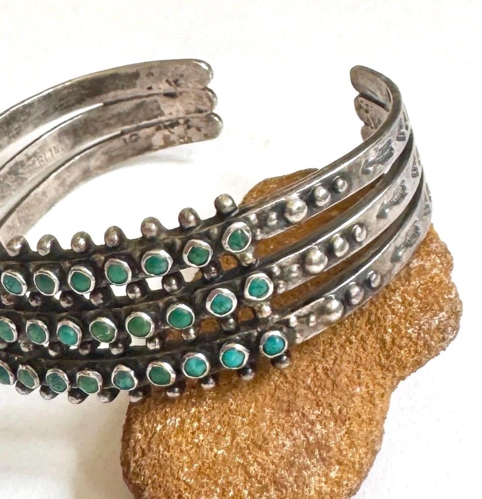 Snake Eye Turquoise Cuff Bracelet Maisel's Three Row Vintage Antique Zuni Fred Harvey Era Trading Post Multi Row