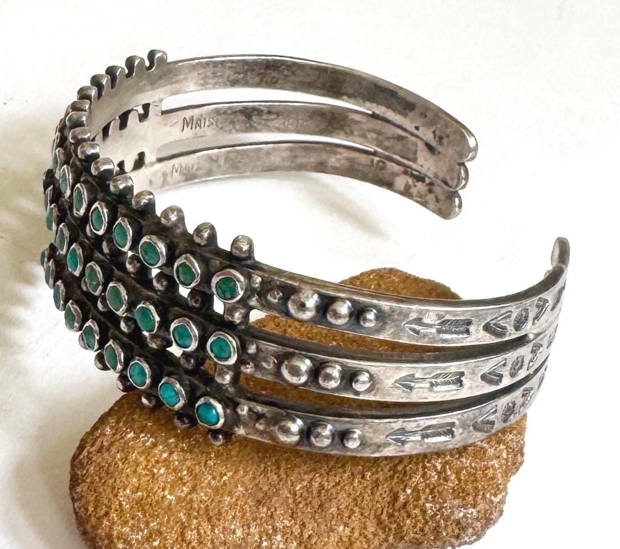 Snake Eye Turquoise Cuff Bracelet Maisel's Three Row Vintage Antique Zuni Fred Harvey Era Trading Post Multi Row