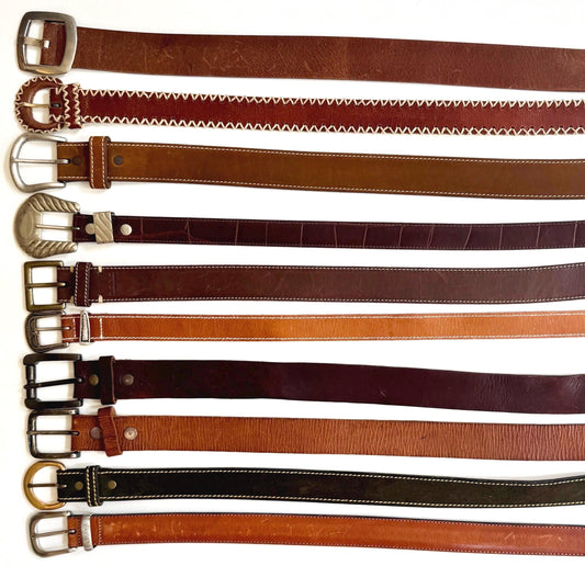 Vintage Solid Brown Leather Belt Worn Distressed Rugged Strap Silver Brass Buckle Plain Everyday Mens Womens Belt