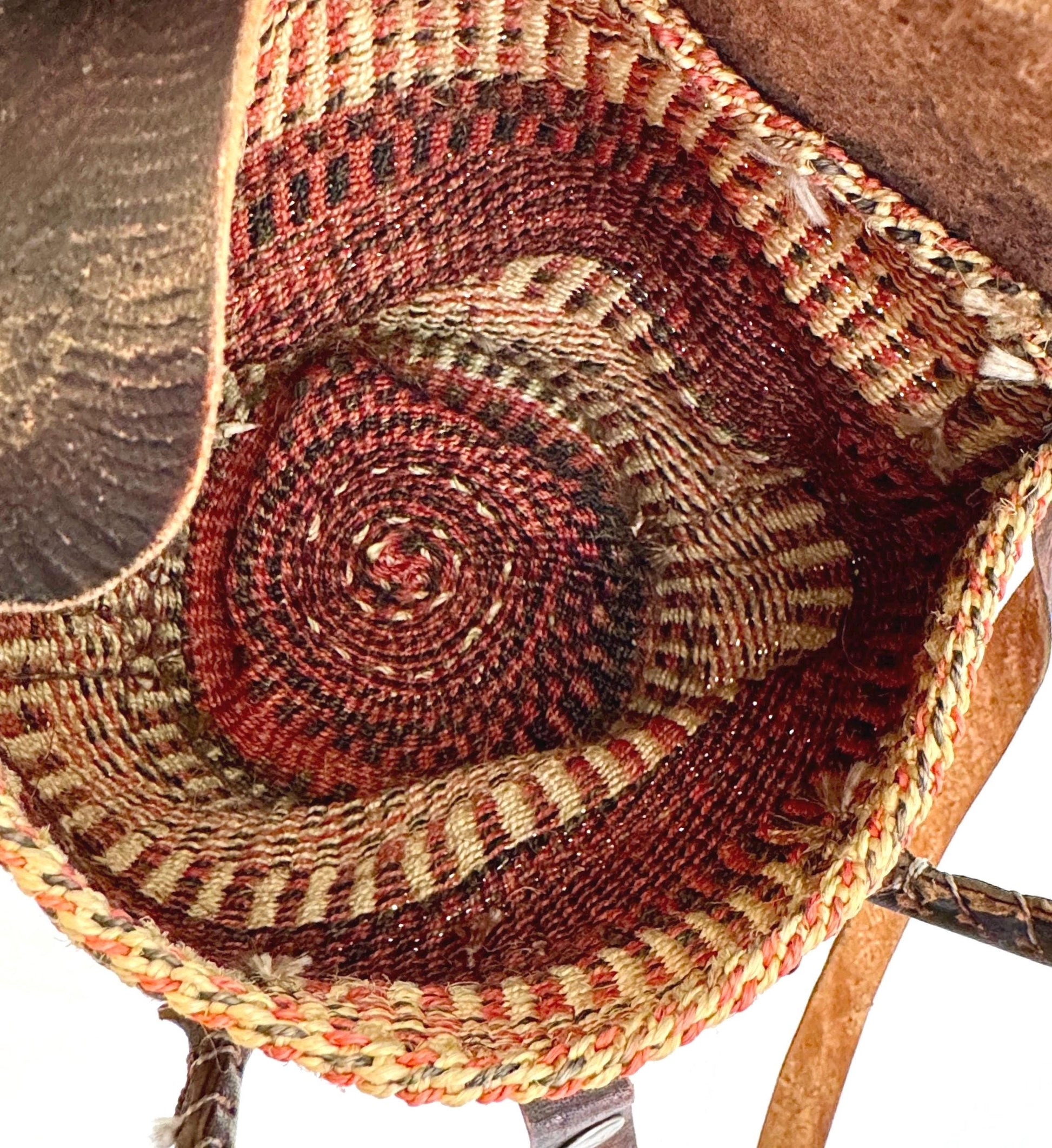 Desert Tone Sisal Bag Vintage Tooled Leather Trim Purse Neutral Brown Natural White Rose Striped Woven Sisal