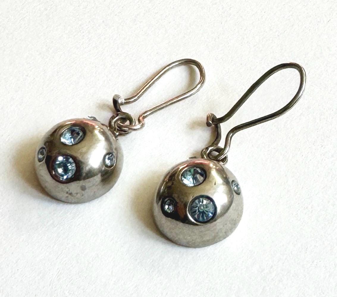 Yves Saint Laurent Earrings Vintage YSL Sterling Silver Dangle Drop Dome Style Blue Crystals Signed French Paris Designer Jewelry