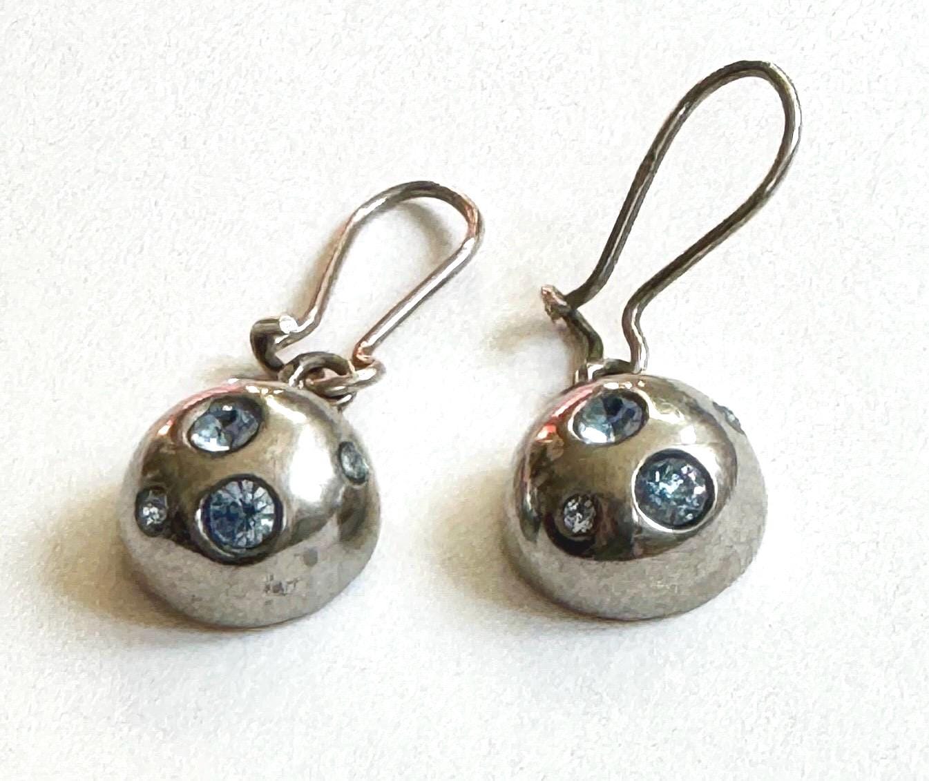 Yves Saint Laurent Earrings Vintage YSL Sterling Silver Dangle Drop Dome Style Blue Crystals Signed French Paris Designer Jewelry