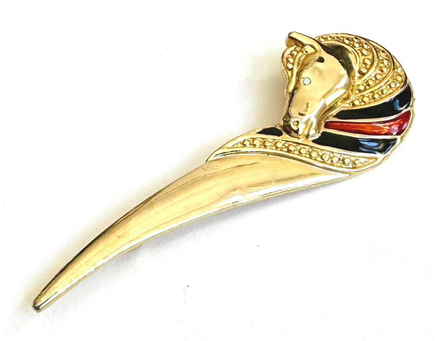 Vintage Gold Horse Brooch Pin 80s Gold Tone Enamel Crystal Equestrian Horse Head