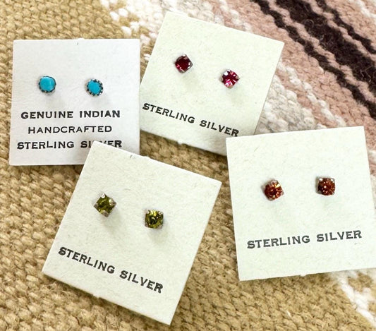Sterling Silver Stud Earrings Old Stock NOS Old Stock Vintage Hand Crafted Native American Studs Turquoise Dark Pink Green Amber Crystal