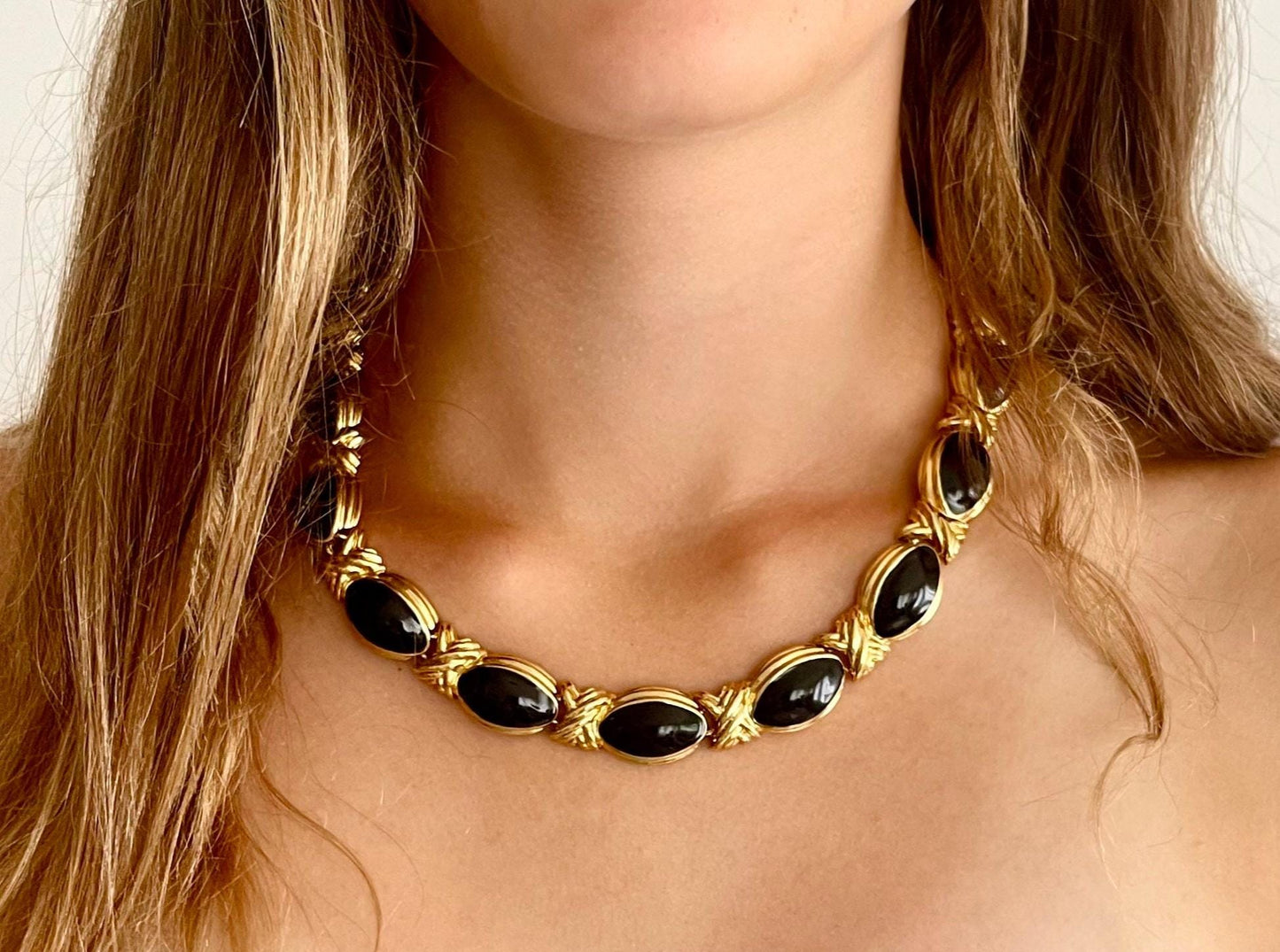 Chunky Gold Link Necklace Choker Vintage 80s 90s Gold Tone Black Enamel X Link Chain Minimalist Costume Jewelry