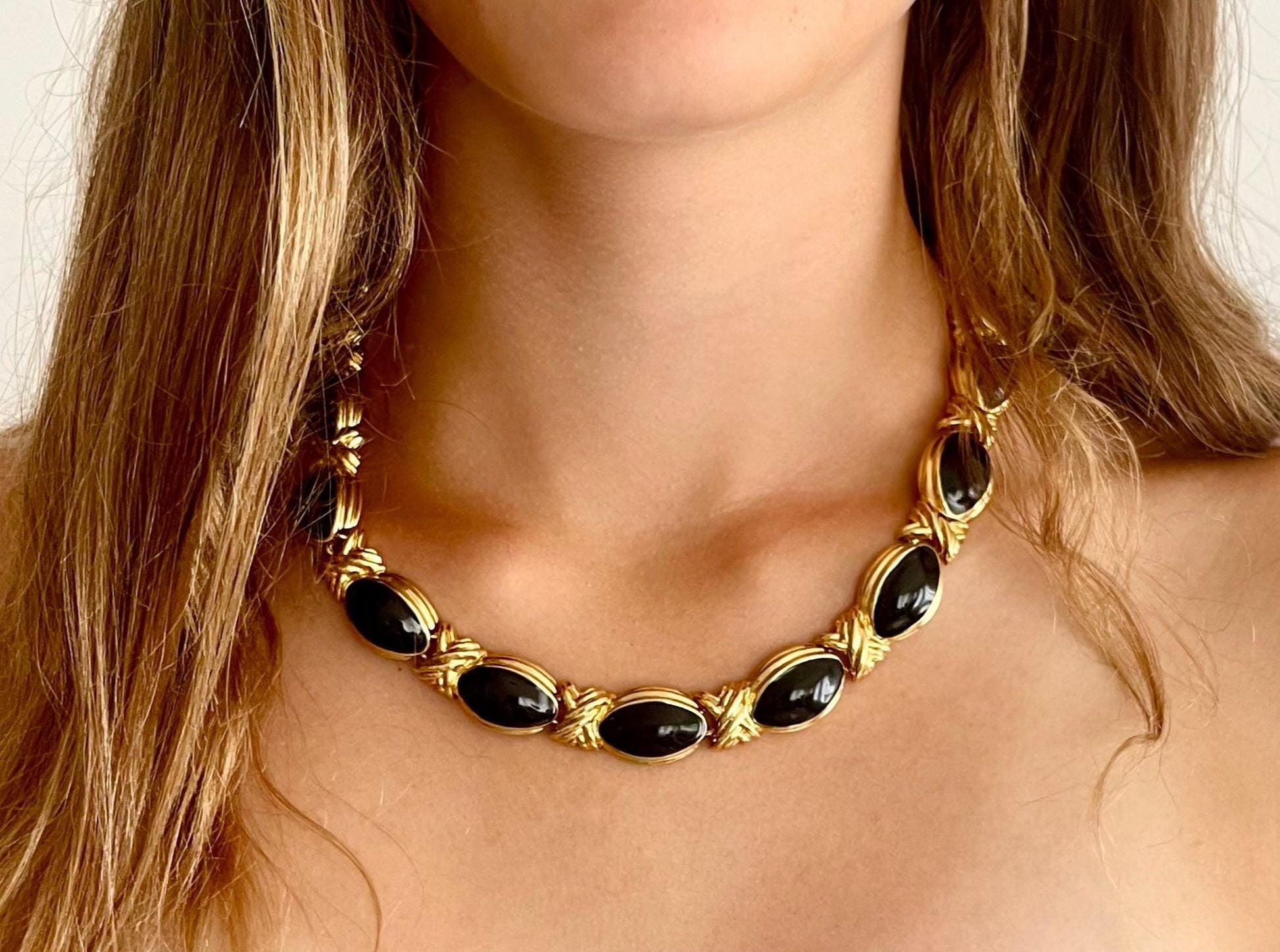 Chunky Gold Link Necklace Choker Vintage 80s 90s Gold Tone Black Enamel X Link Chain Minimalist Costume Jewelry