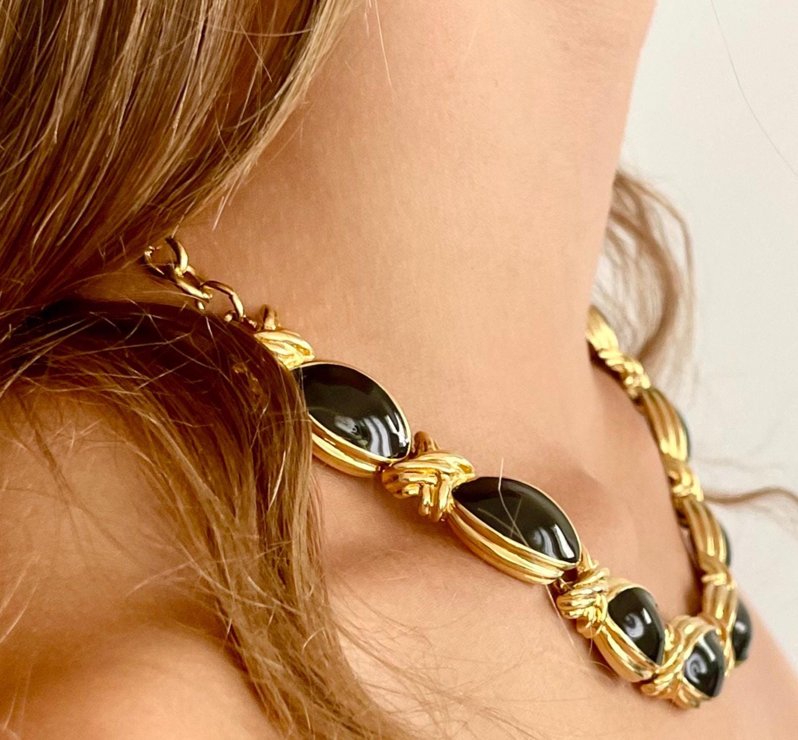 Chunky Gold Link Necklace Choker Vintage 80s 90s Gold Tone Black Enamel X Link Chain Minimalist Costume Jewelry