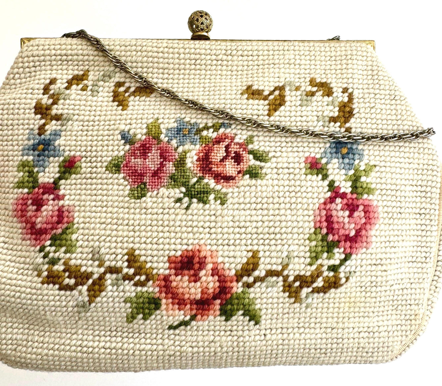 Vintage Floral Needlepoint Bag Purse Mid Century Maud Hundley Rose Victorian Style Gold Tone Frame Chain Strap Natural White Pastel Flowers
