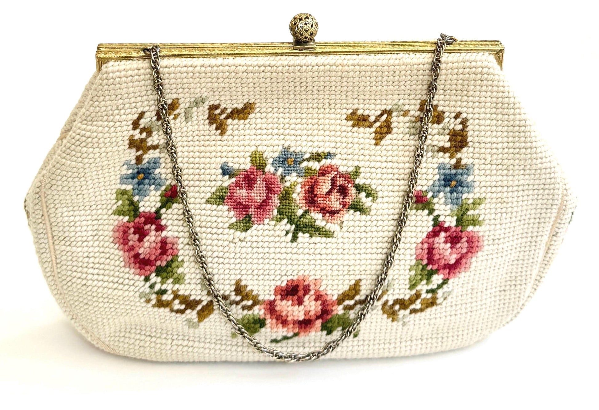 Vintage Floral Needlepoint Bag Purse Mid Century Maud Hundley Rose Victorian Style Gold Tone Frame Chain Strap Natural White Pastel Flowers