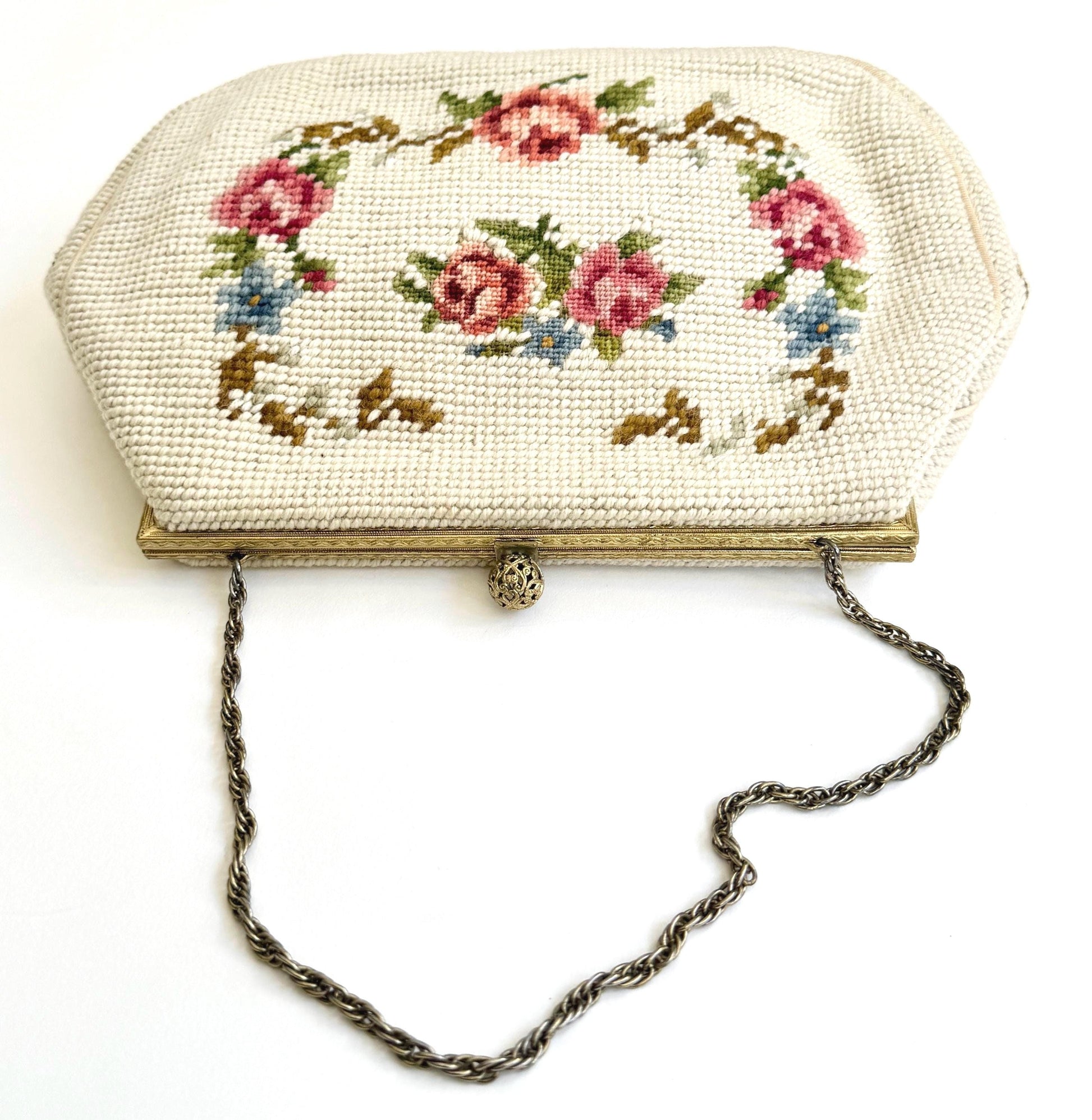 Vintage Floral Needlepoint Bag Purse Mid Century Maud Hundley Rose Victorian Style Gold Tone Frame Chain Strap Natural White Pastel Flowers