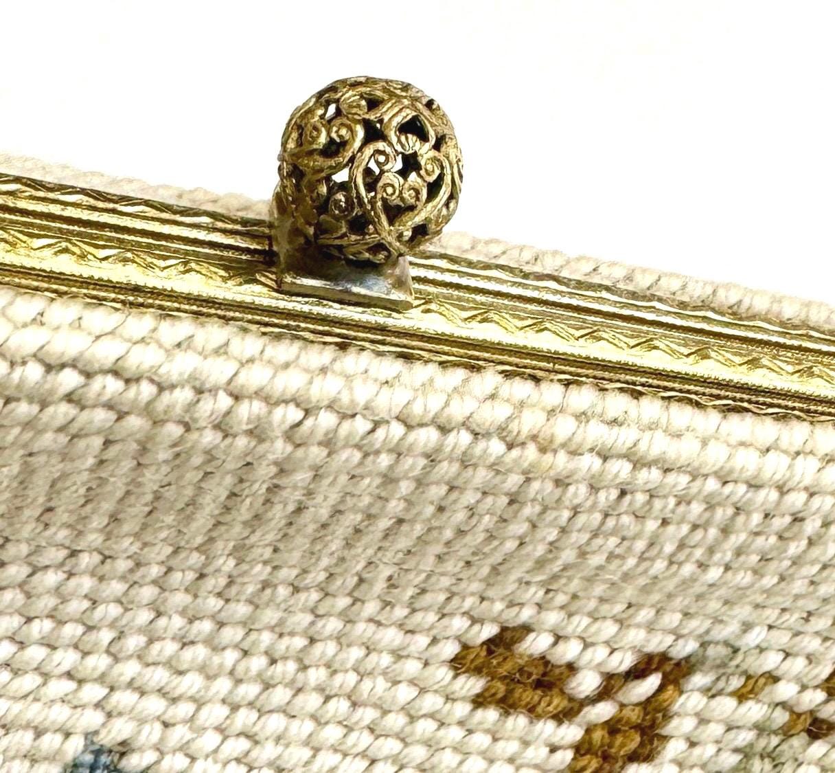 Vintage Floral Needlepoint Bag Purse Mid Century Maud Hundley Rose Victorian Style Gold Tone Frame Chain Strap Natural White Pastel Flowers