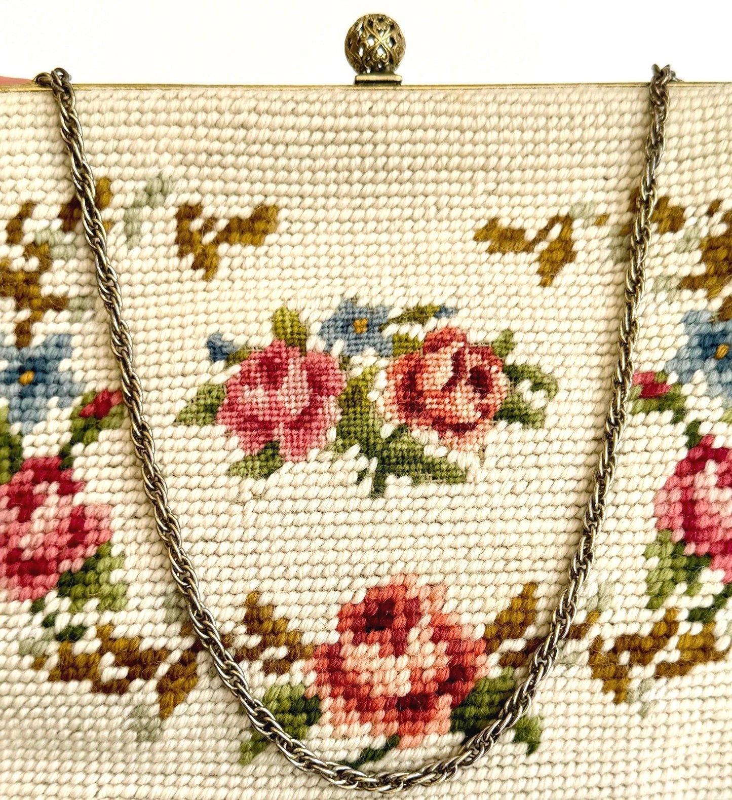 Vintage Floral Needlepoint Bag Purse Mid Century Maud Hundley Rose Victorian Style Gold Tone Frame Chain Strap Natural White Pastel Flowers