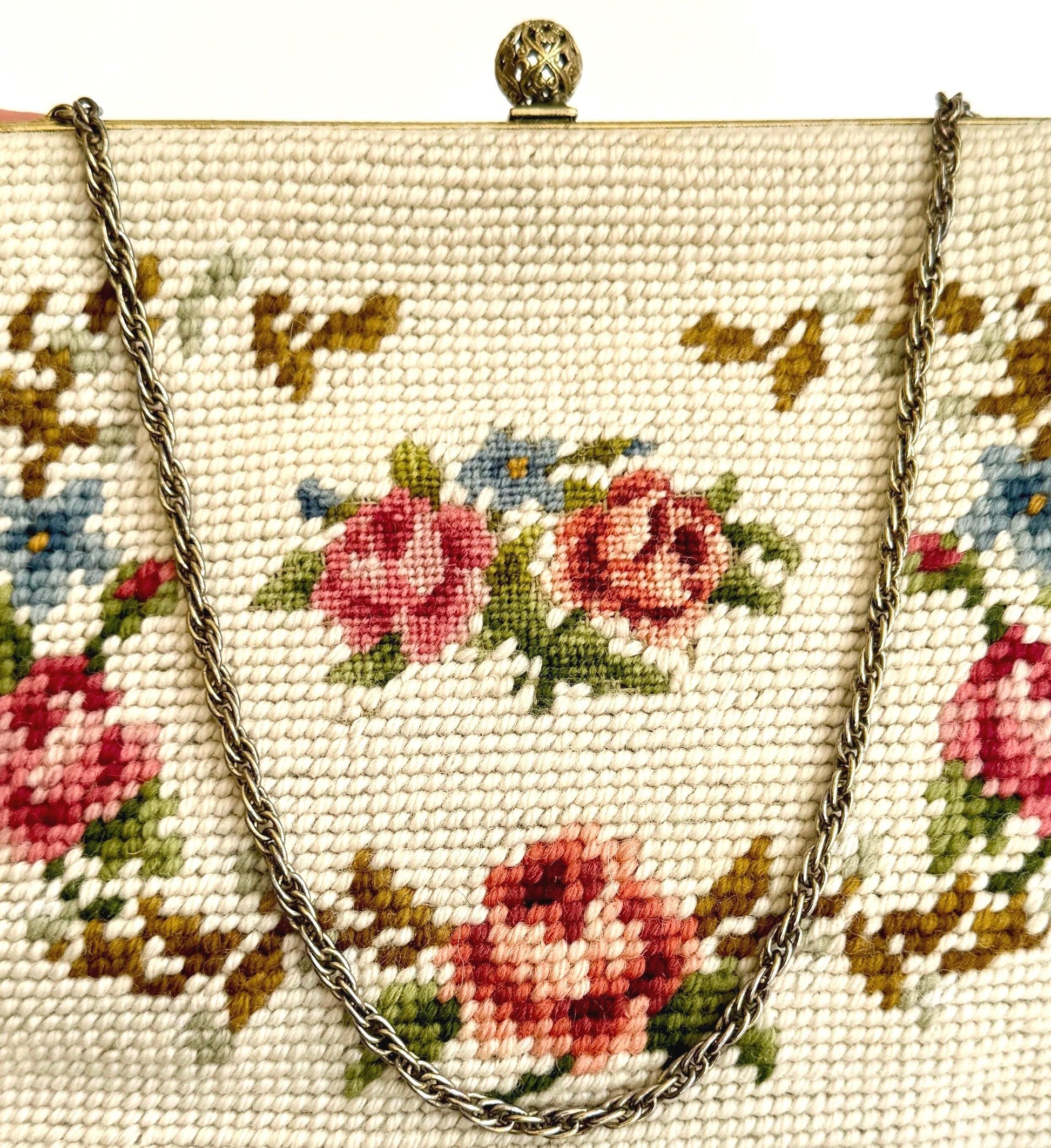Vintage Floral Needlepoint Bag Purse Mid Century Maud Hundley Rose Victorian Style Gold Tone Frame Chain Strap Natural White Pastel Flowers
