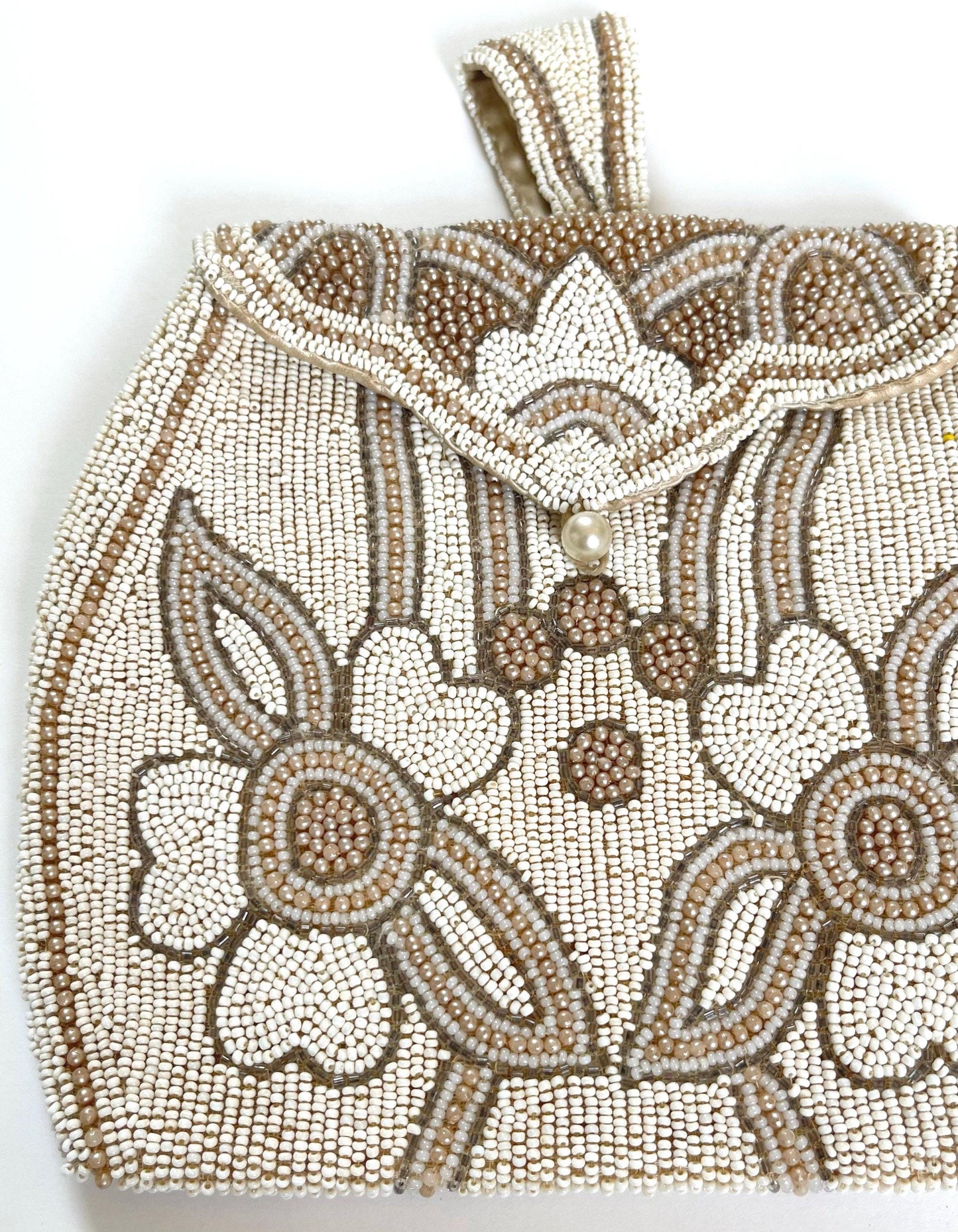 Antique Beaded Finger Purse Bag Wedding Bridal Heirloom Purse Something Old Handmade Ivory Pearl Gold Floral Beadwork