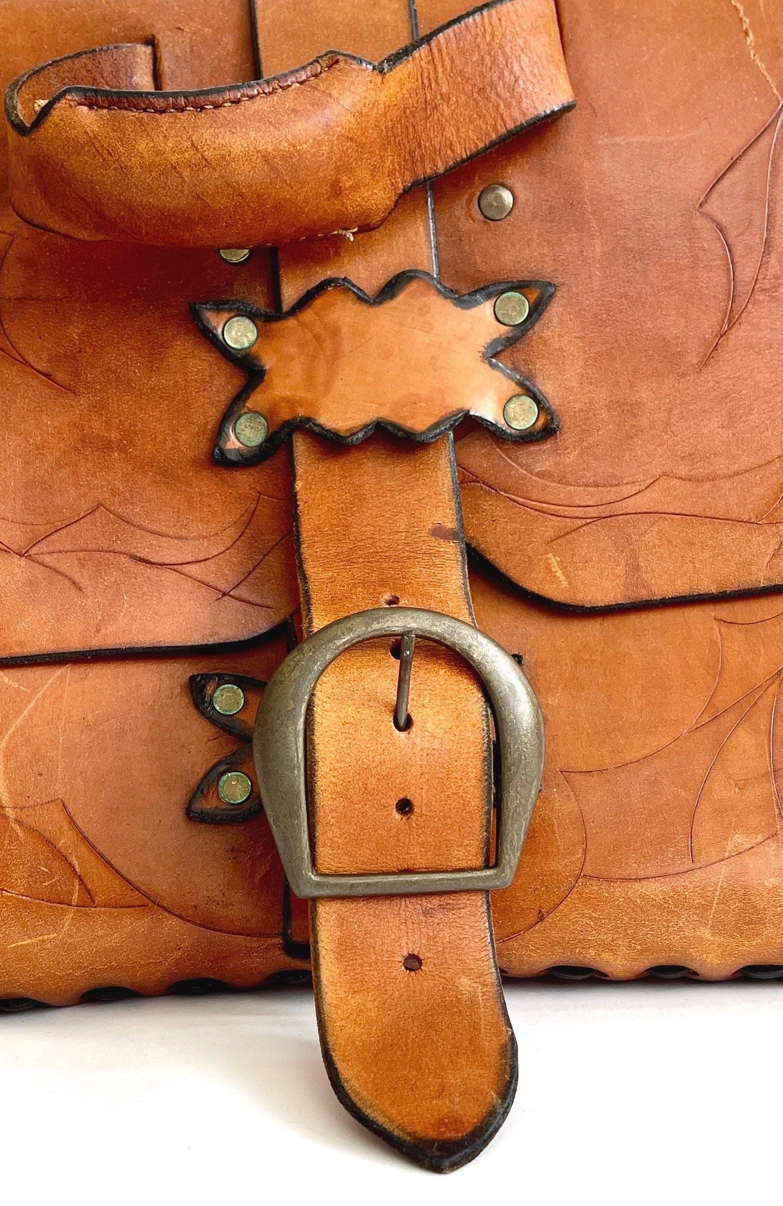Vintage 70s Tooled Leather Satchel Handmade Distressed Worn Leather Western Work Bag Laptop Case
