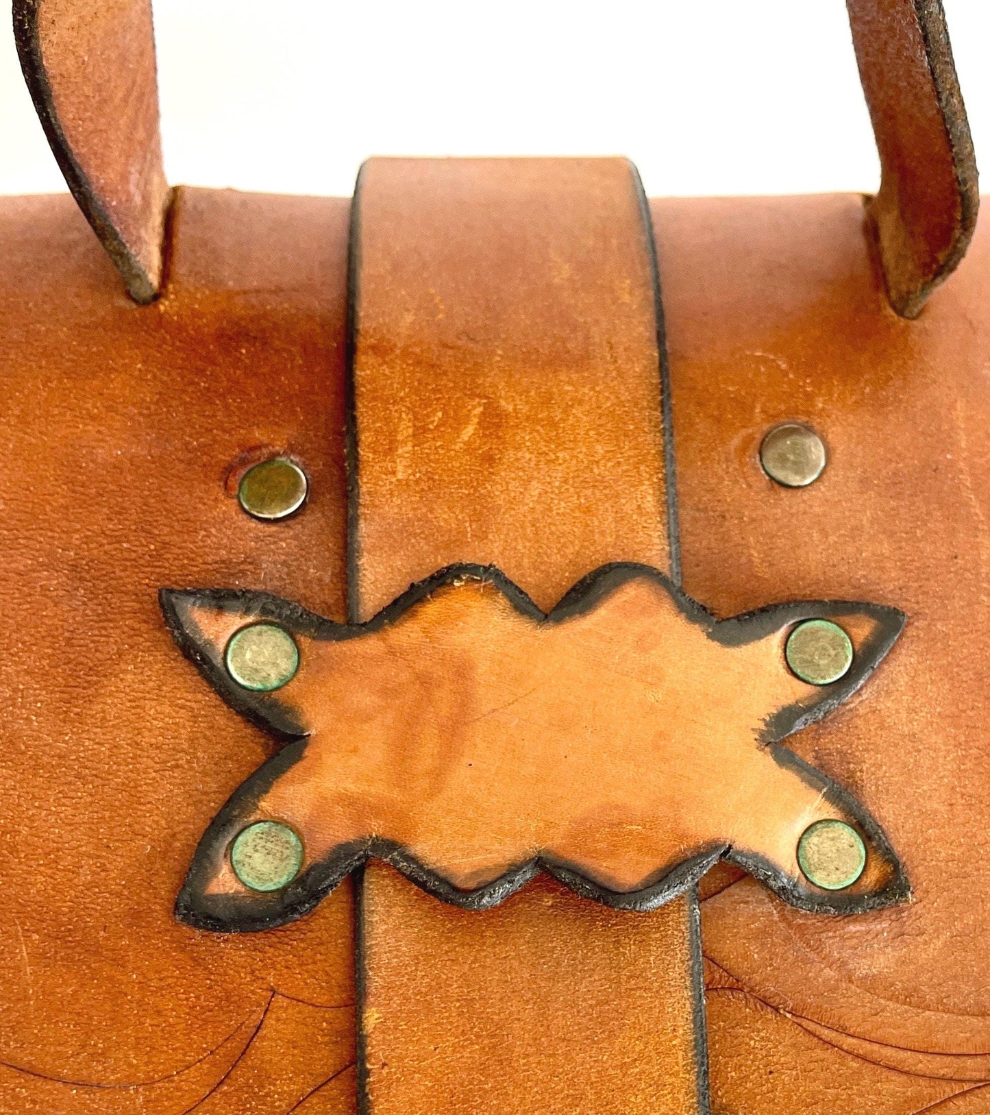Vintage 70s Tooled Leather Satchel Handmade Distressed Worn Leather Western Work Bag Laptop Case