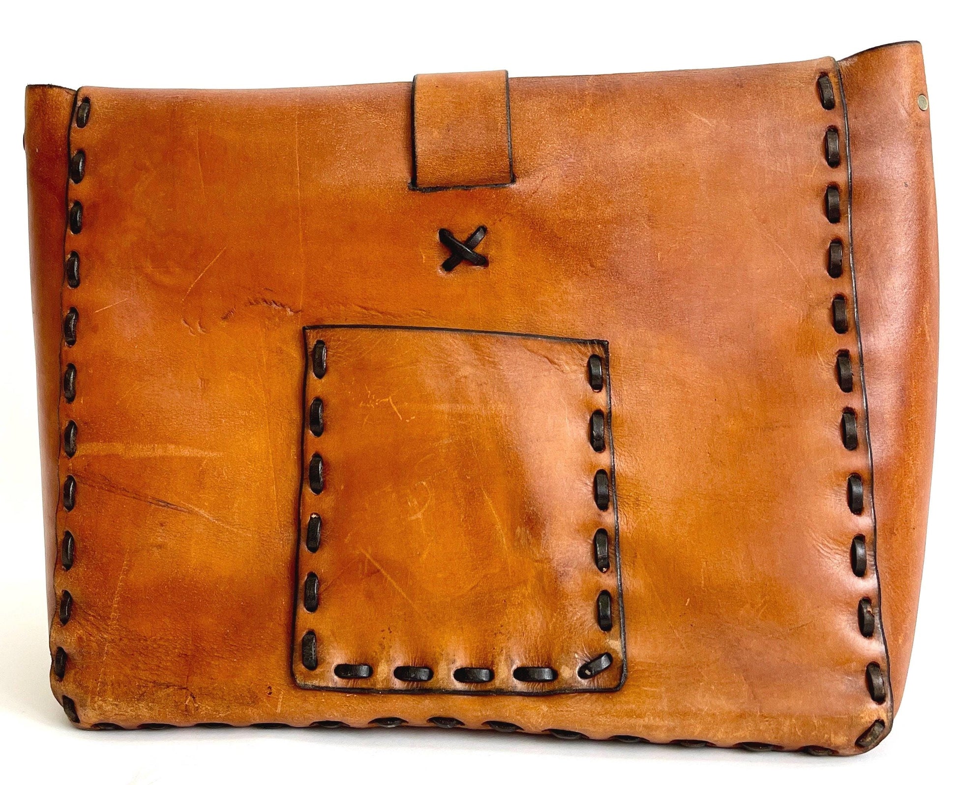 Vintage 70s Tooled Leather Satchel Handmade Distressed Worn Leather Western Work Bag Laptop Case