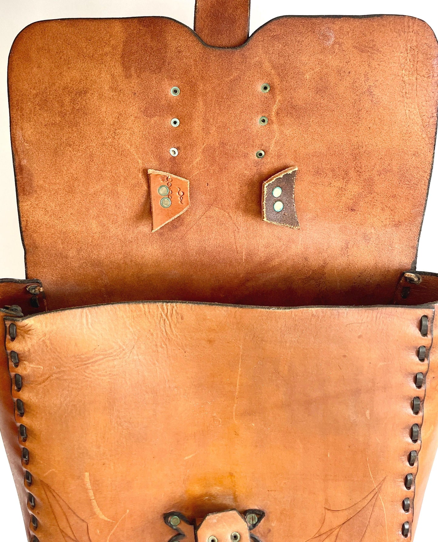 Vintage 70s Tooled Leather Satchel Handmade Distressed Worn Leather Western Work Bag Laptop Case