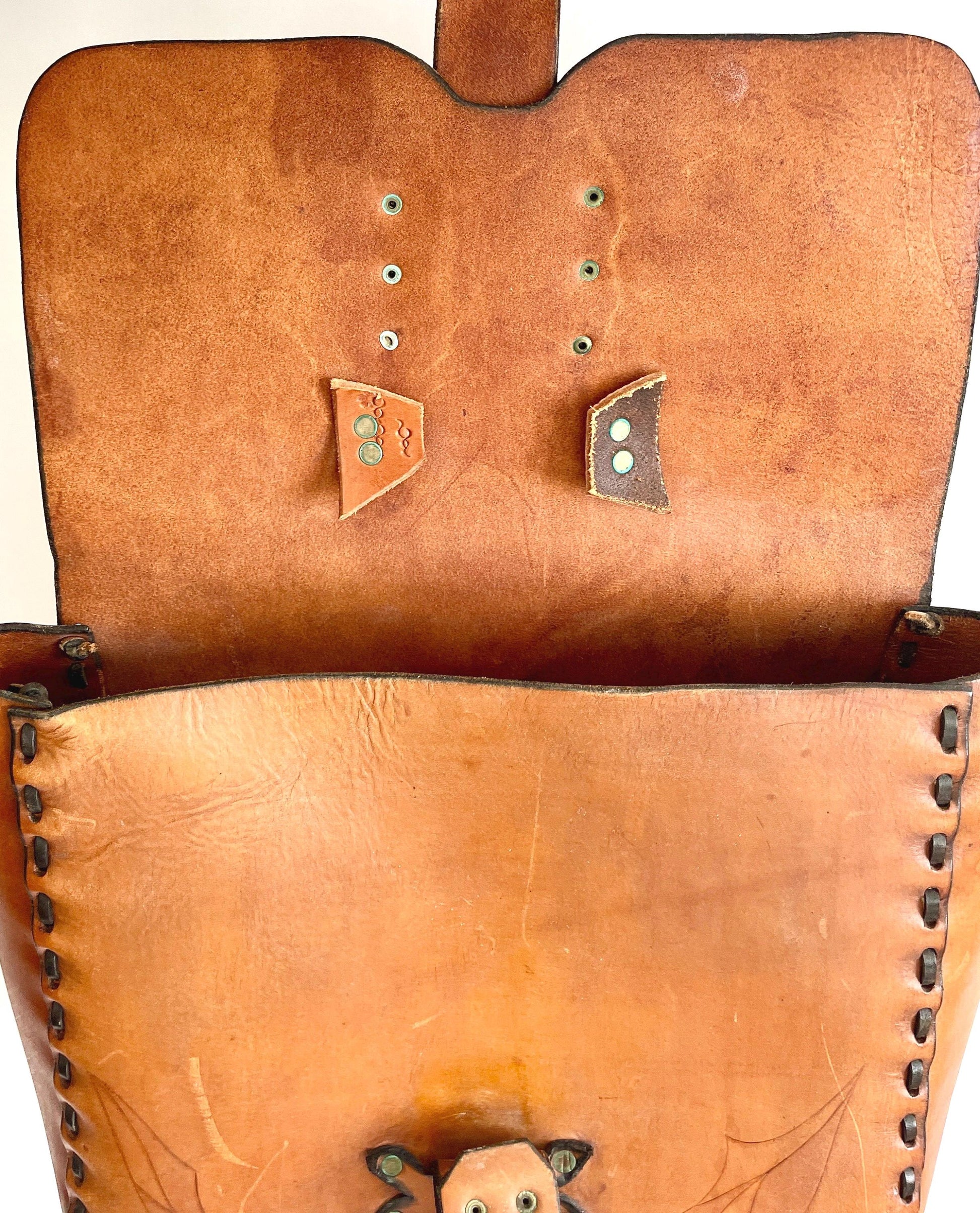 Vintage 70s Tooled Leather Satchel Handmade Distressed Worn Leather Western Work Bag Laptop Case