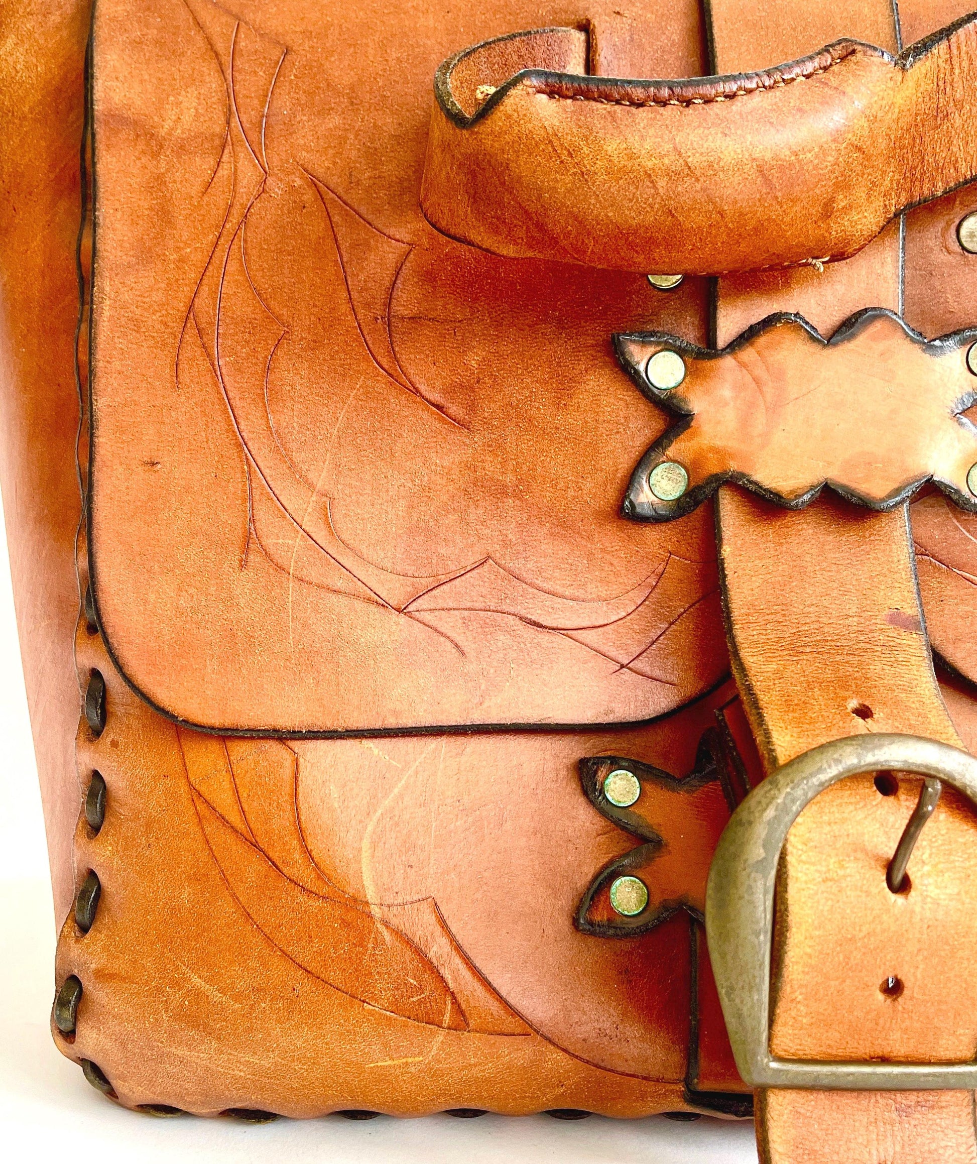 Vintage 70s Tooled Leather Satchel Handmade Distressed Worn Leather Western Work Bag Laptop Case