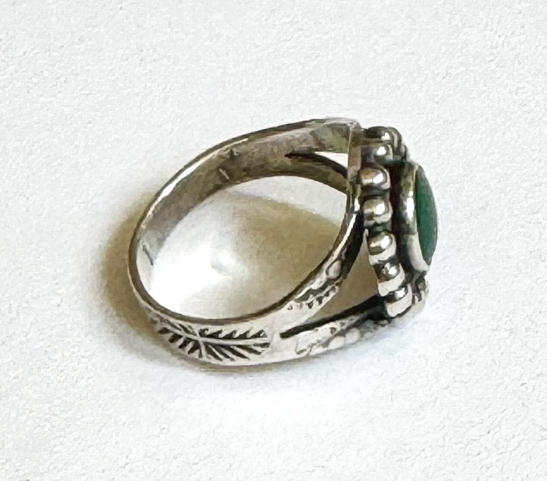 Antique Navajo Turquoise Ring Fred Harvey Era Native American Vintage Stamped Sterling Silver Band Oval Green Turquoise Cabochon Size 6.5