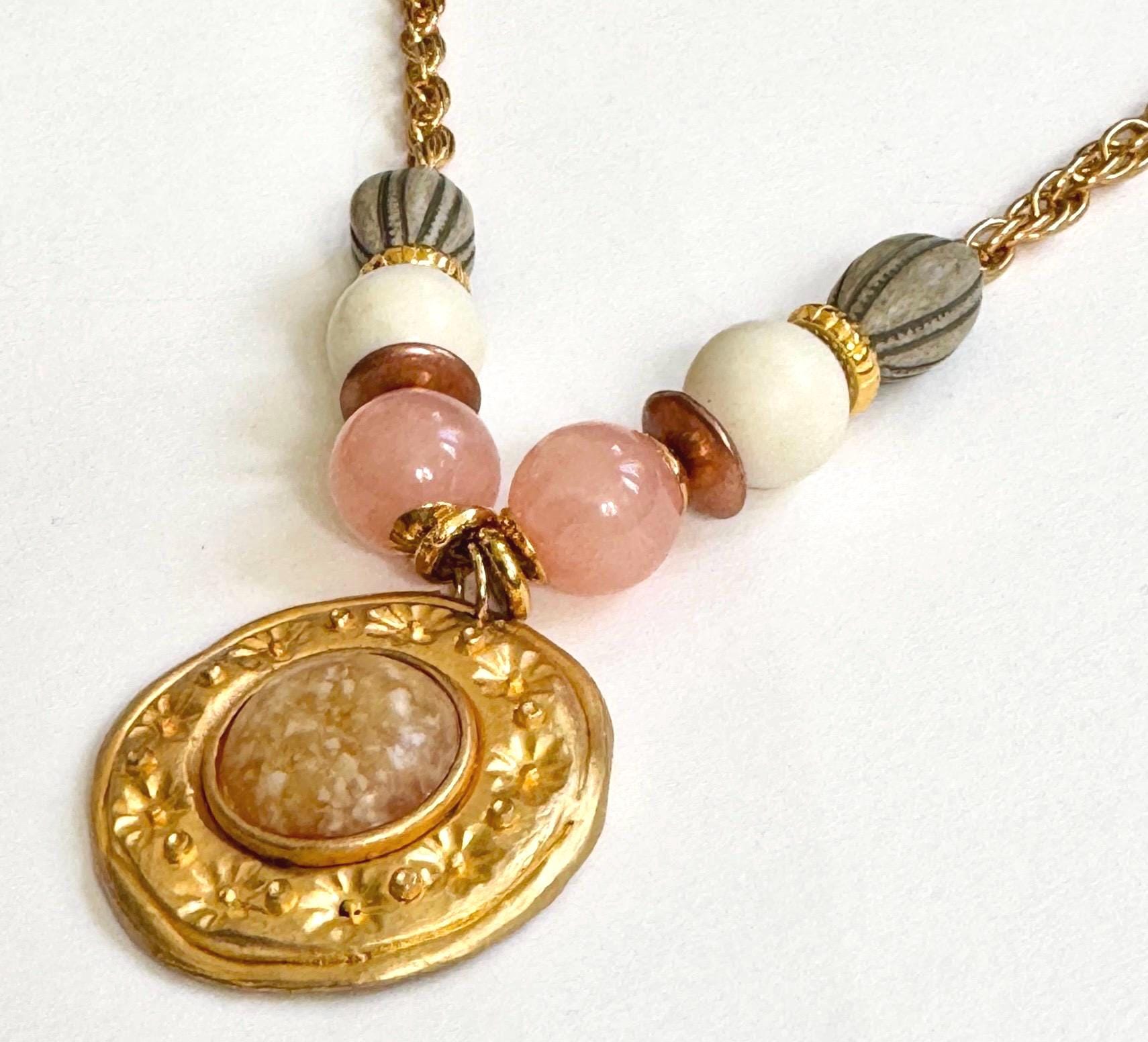 Vintage Gold Medallion Necklace 70s 80s Costume Jewelry Pastel Beaded Gold Chain Boho Pendant Charm Necklace