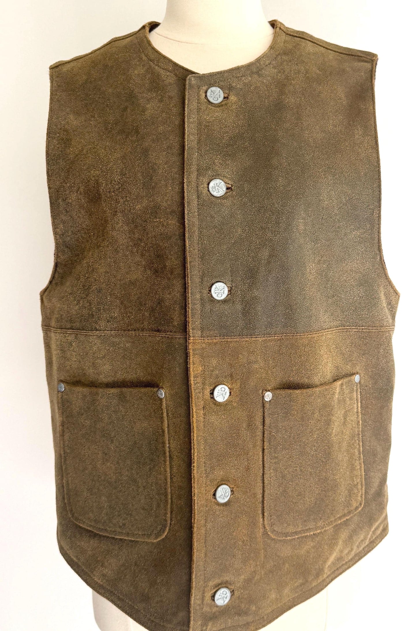 90s CK Leather Vest Vintage Calvin Klein Jeans Rugged Weathered Olive Brown Made in Korea Plaid Wool Lining Embossed Logo Buttons
