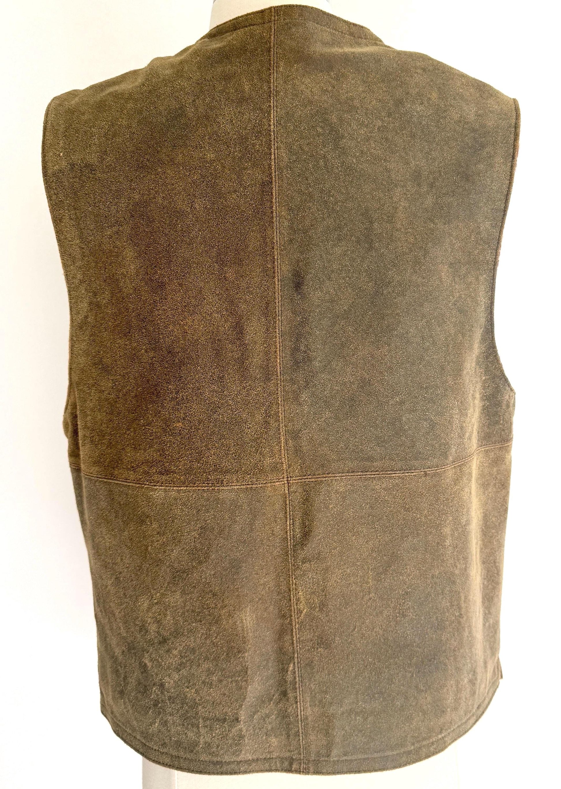 90s CK Leather Vest Vintage Calvin Klein Jeans Rugged Weathered Olive Brown Made in Korea Plaid Wool Lining Embossed Logo Buttons