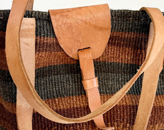 Vintage 90s Sisal Bag Striped Neutral Desert Tones Leather Straps