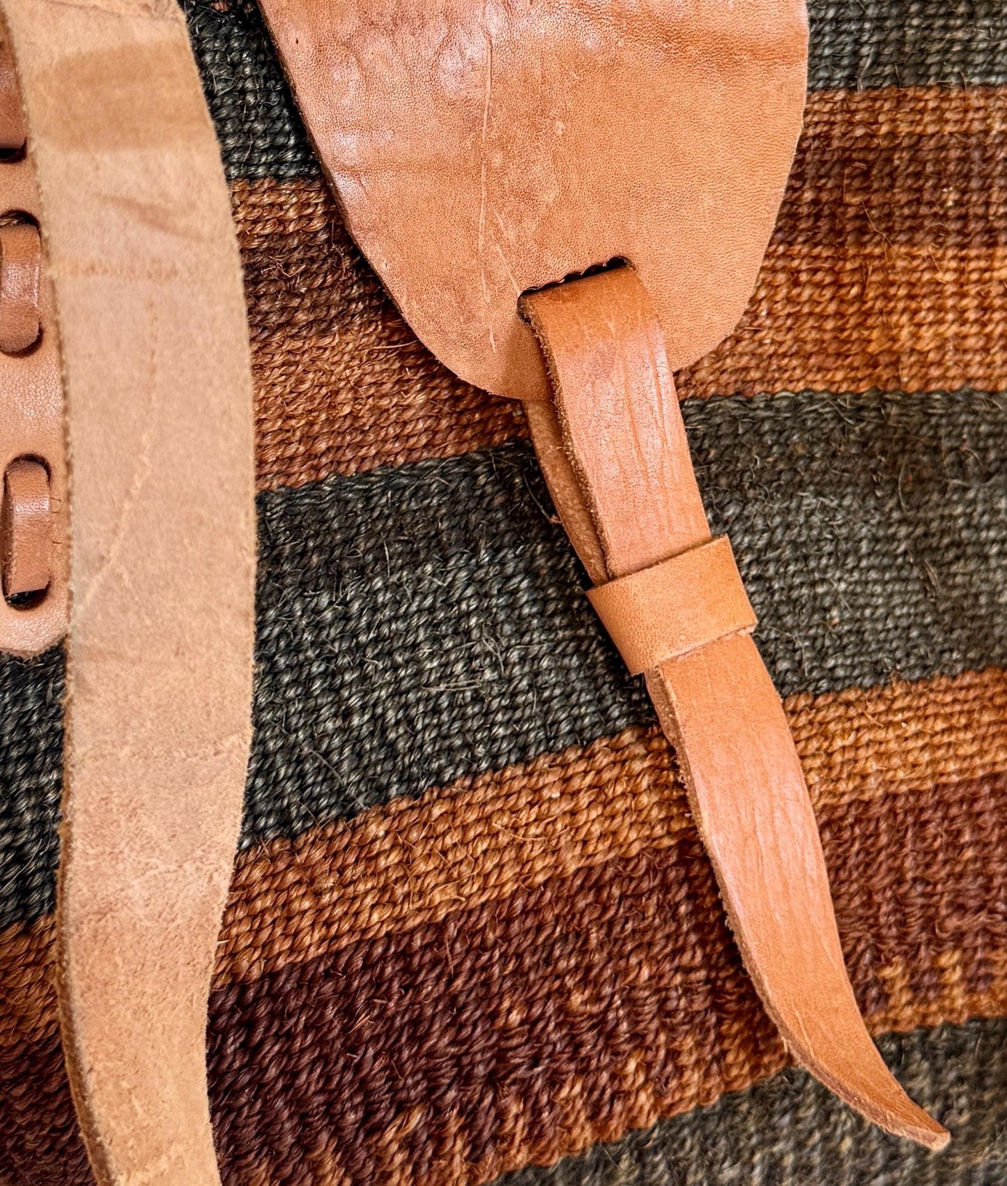 Vintage 90s Sisal Bag Striped Neutral Desert Tones Leather Straps