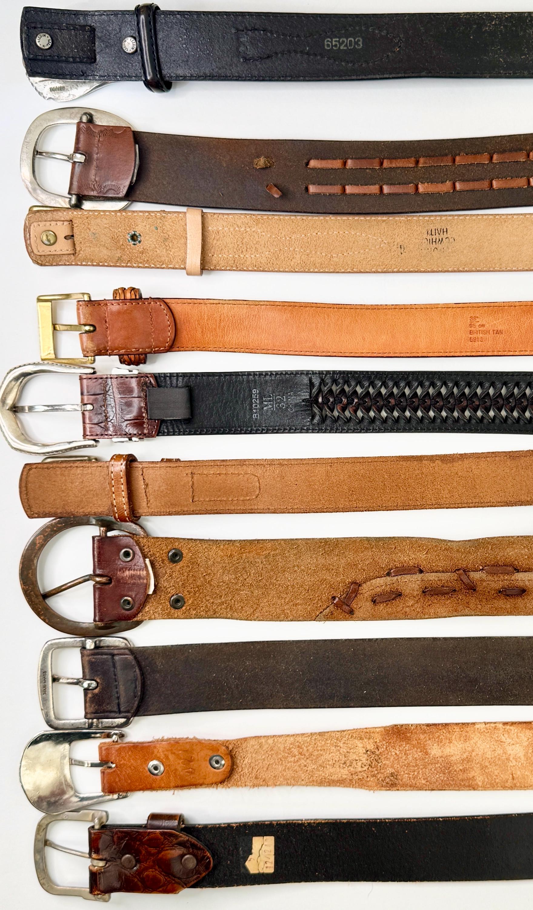 Vintage Western Leather Belt Distressed Rugged Worn Brown Tan Dark Brown Tooled Stitched Woven Strap Mens Women's Cowboy Belt