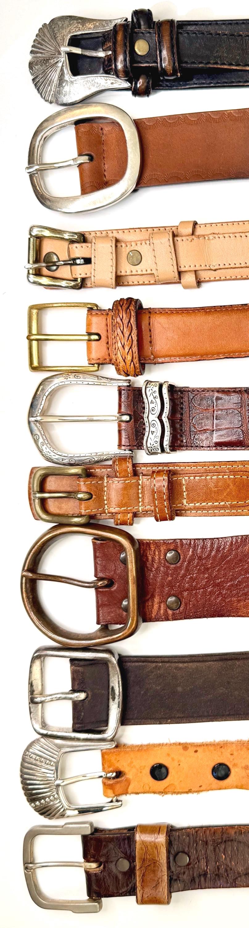 Vintage Western Leather Belt Distressed Rugged Worn Brown Tan Dark Brown Tooled Stitched Woven Strap Mens Women's Cowboy Belt