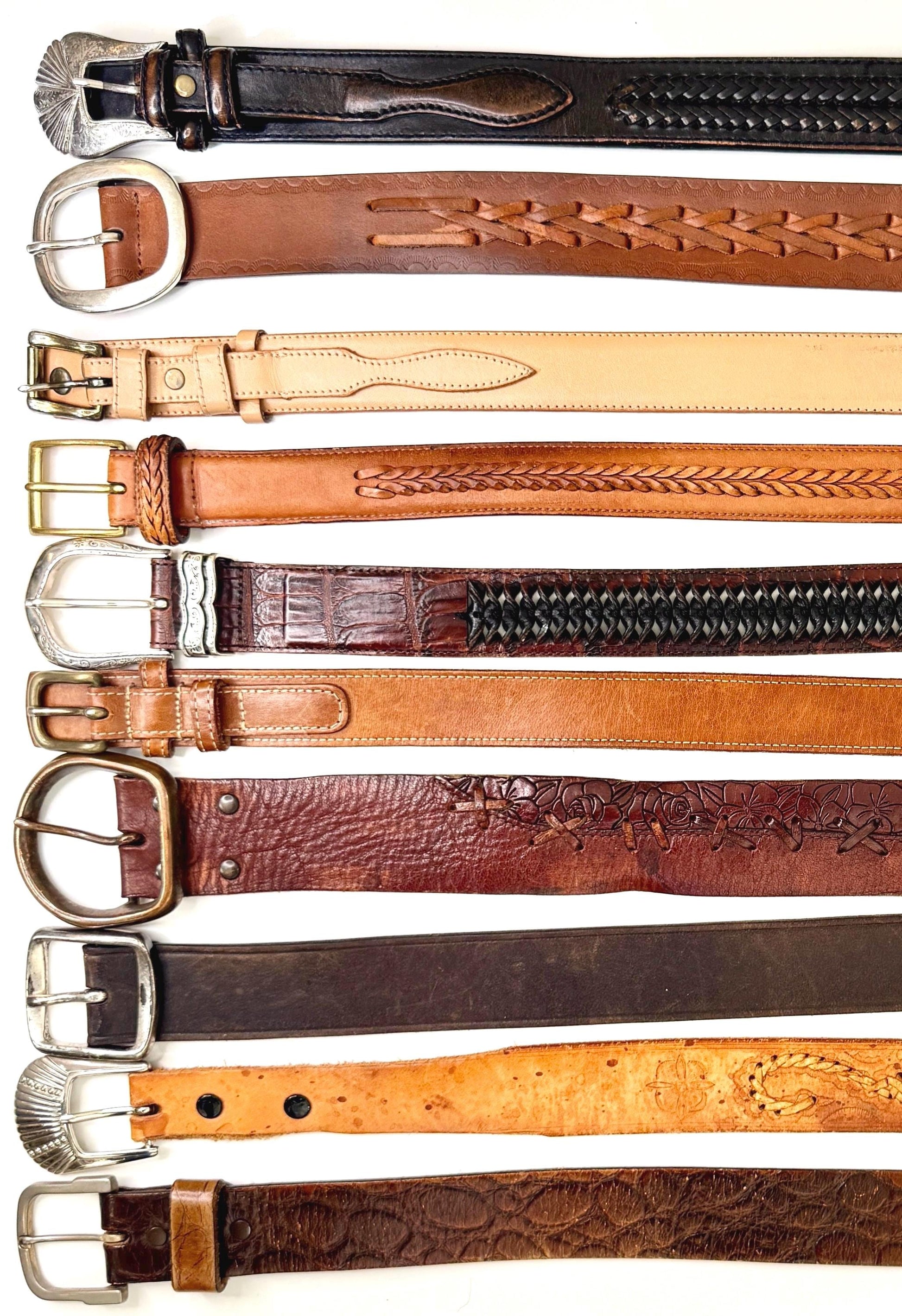 Vintage Western Leather Belt Distressed Rugged Worn Brown Tan Dark Brown Tooled Stitched Woven Strap Mens Women's Cowboy Belt
