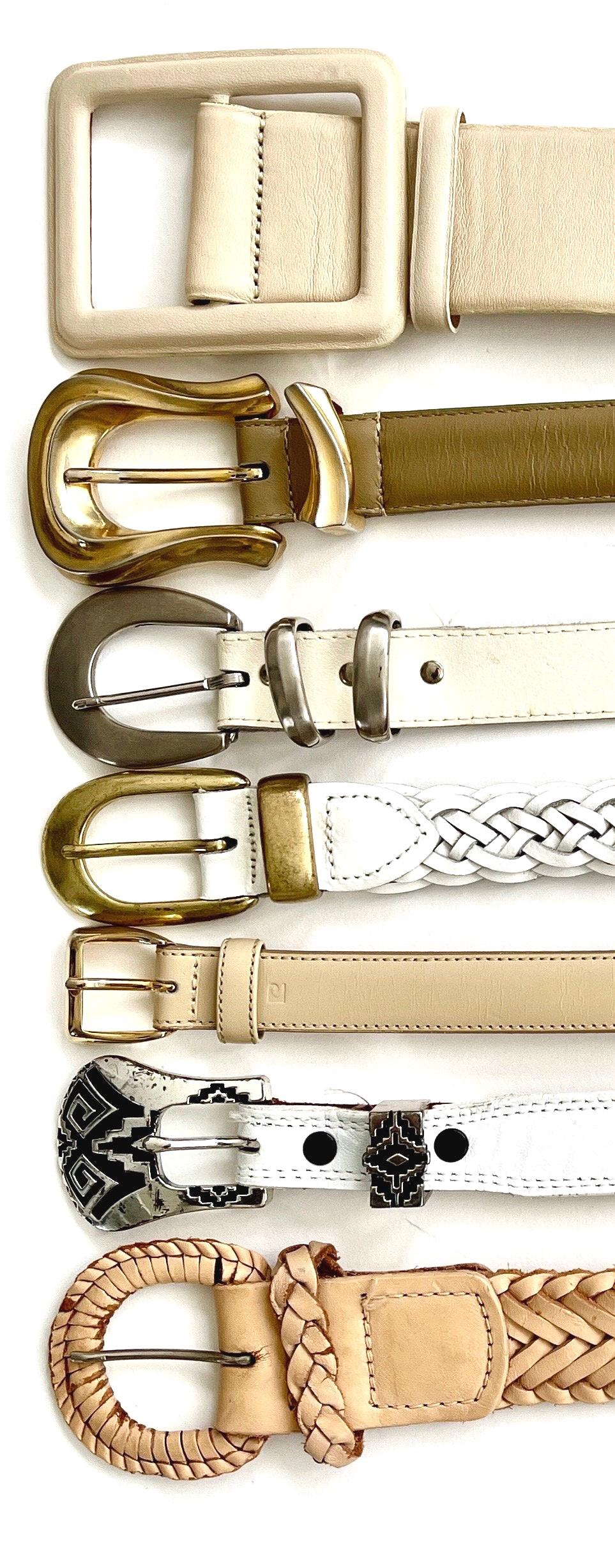 Vintage White Leather Belt Minimalist Braided Concho Western Woven Styles Ivory Beige Light Tan