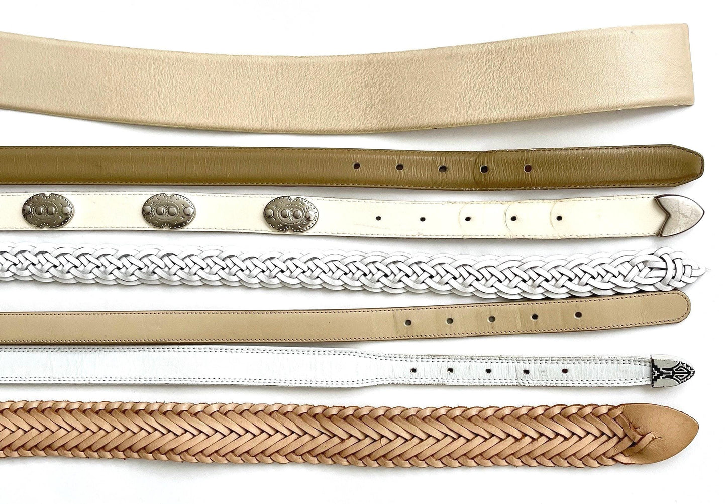 Vintage White Leather Belt Minimalist Braided Concho Western Woven Styles Ivory Beige Light Tan