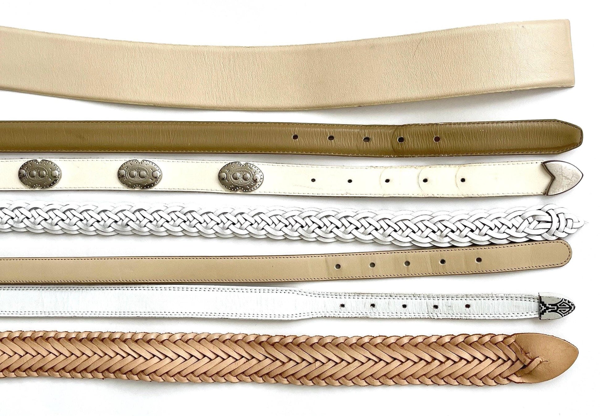 Vintage White Leather Belt Minimalist Braided Concho Western Woven Styles Ivory Beige Light Tan