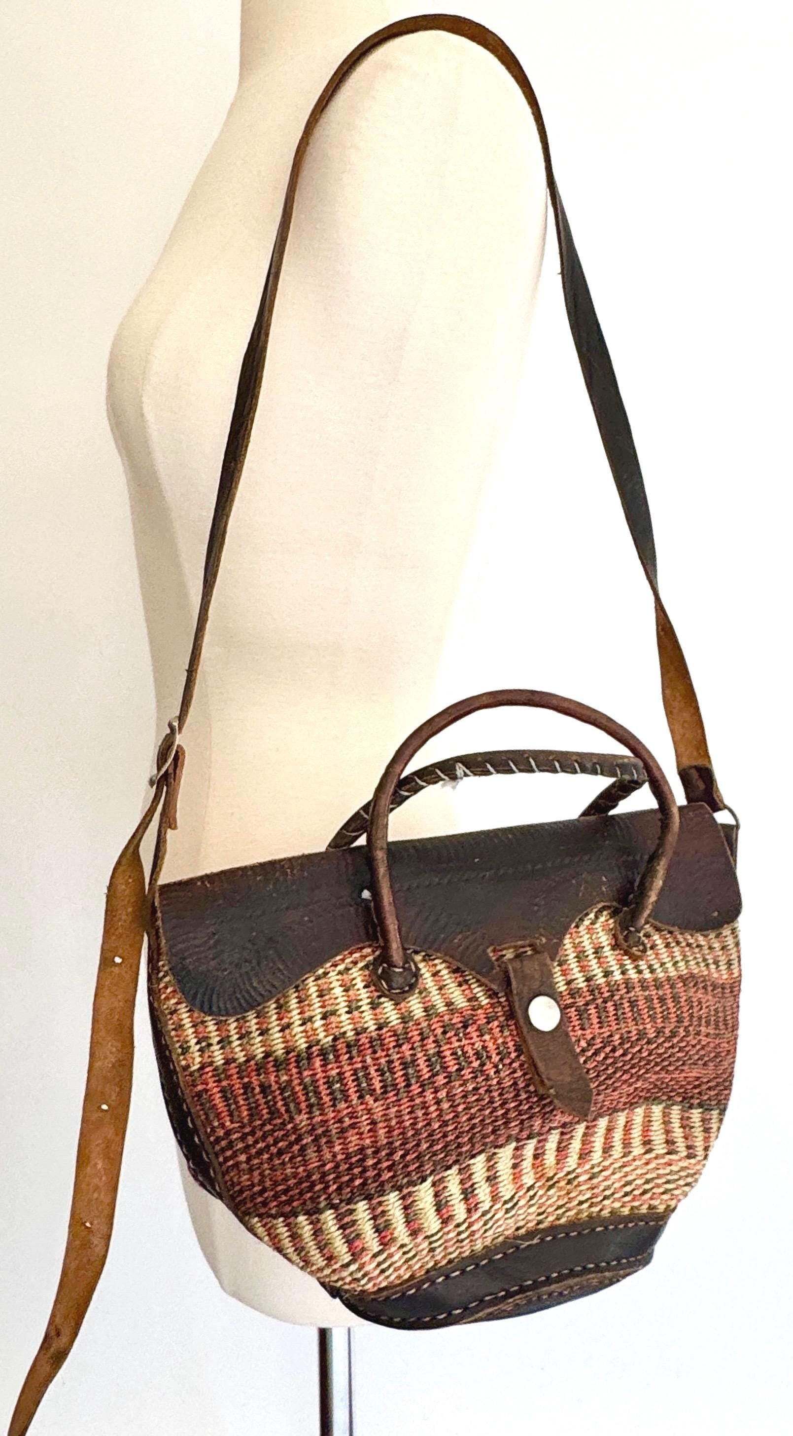 Desert Tone Sisal Bag Vintage Tooled Leather Trim Purse Neutral Brown Natural White Rose Striped Woven Sisal