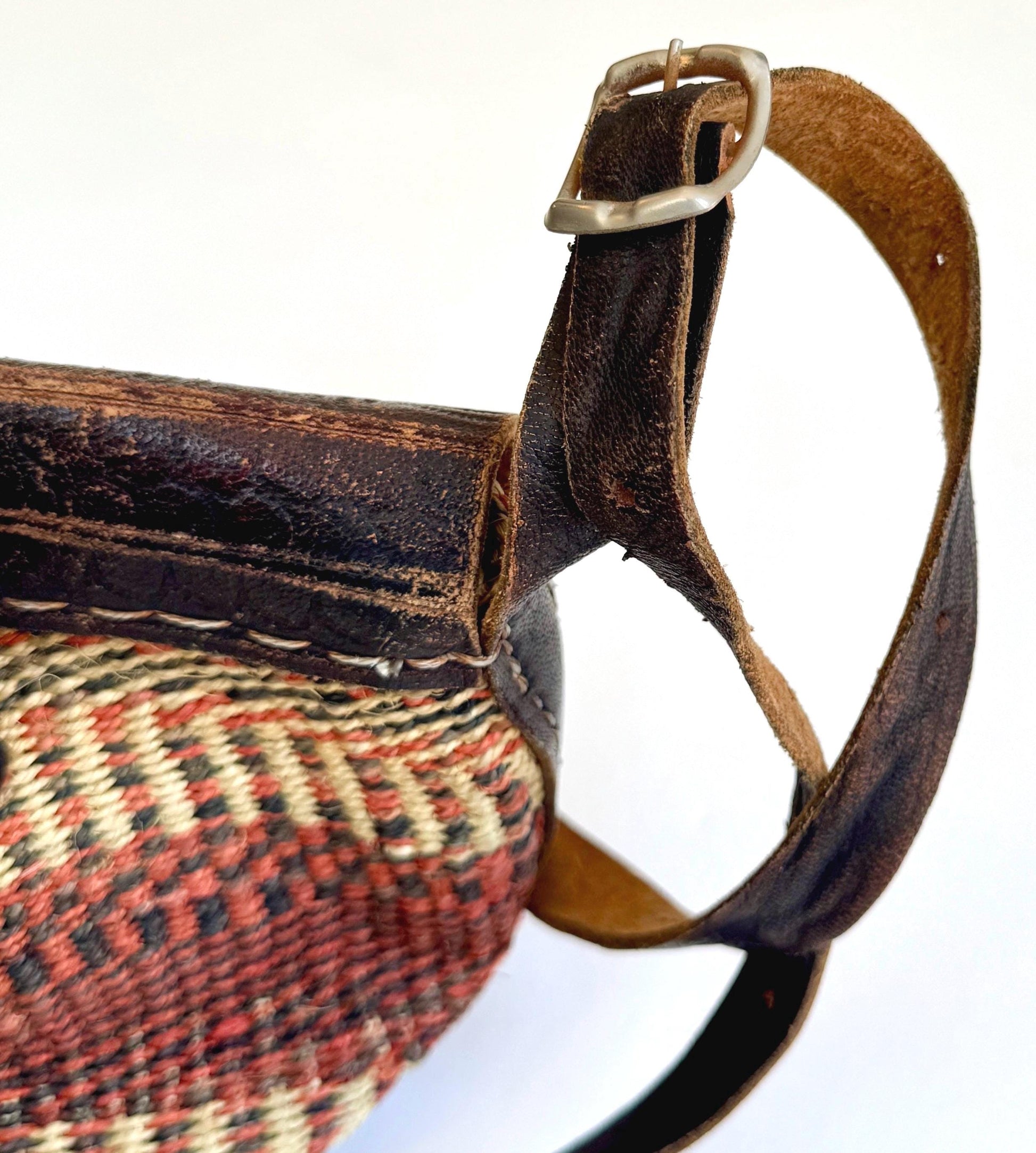 Desert Tone Sisal Bag Vintage Tooled Leather Trim Purse Neutral Brown Natural White Rose Striped Woven Sisal
