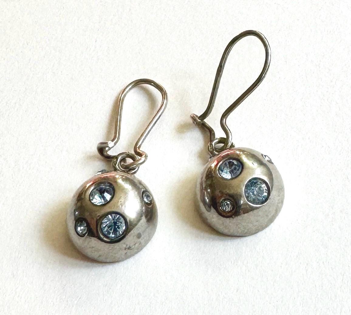 Yves Saint Laurent Earrings Vintage YSL Sterling Silver Dangle Drop Dome Style Blue Crystals Signed French Paris Designer Jewelry