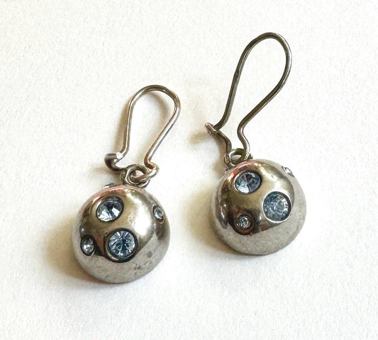 Yves Saint Laurent Earrings Vintage YSL Sterling Silver Dangle Drop Dome Style Blue Crystals Signed French Paris Designer Jewelry