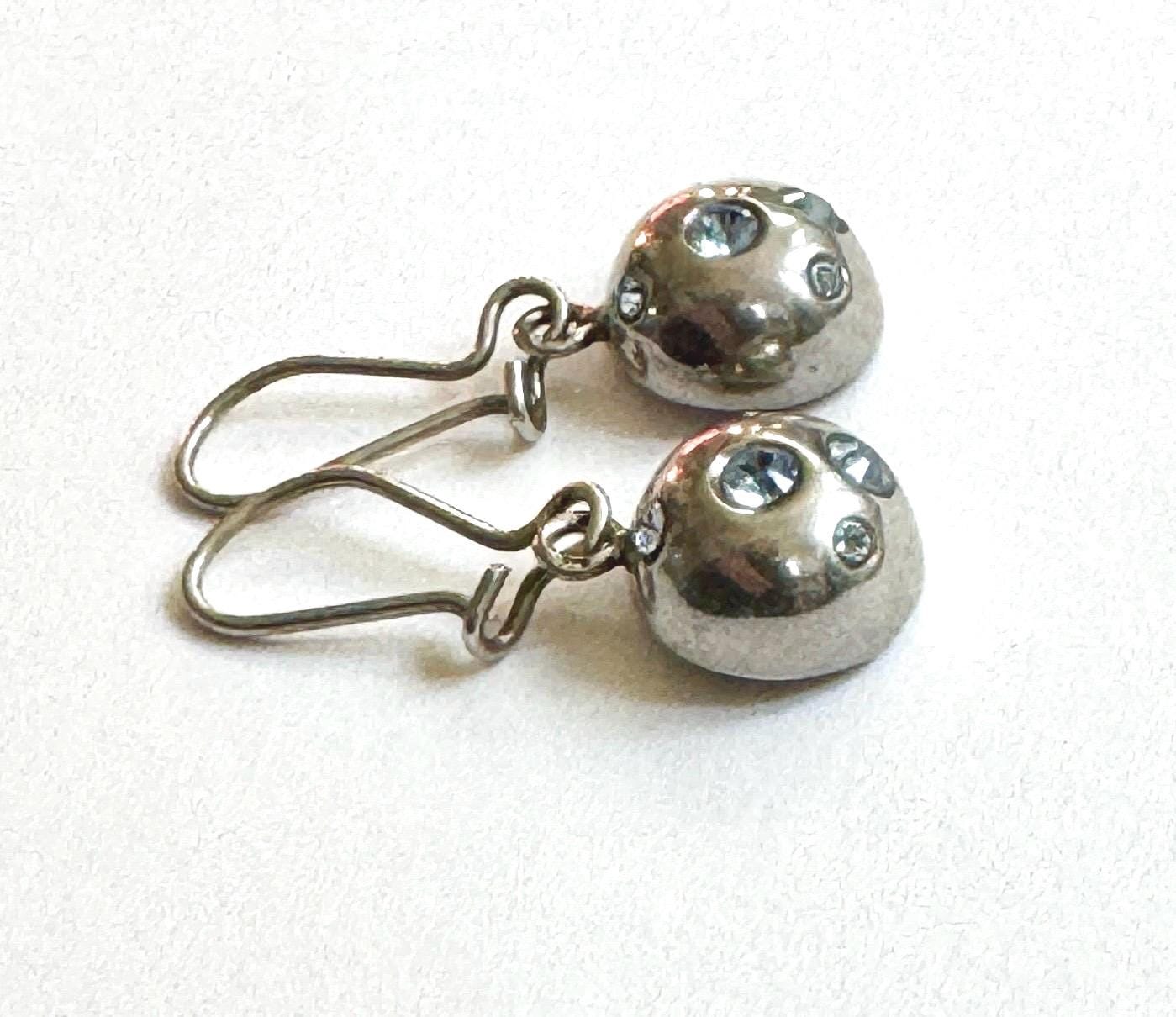 Yves Saint Laurent Earrings Vintage YSL Sterling Silver Dangle Drop Dome Style Blue Crystals Signed French Paris Designer Jewelry